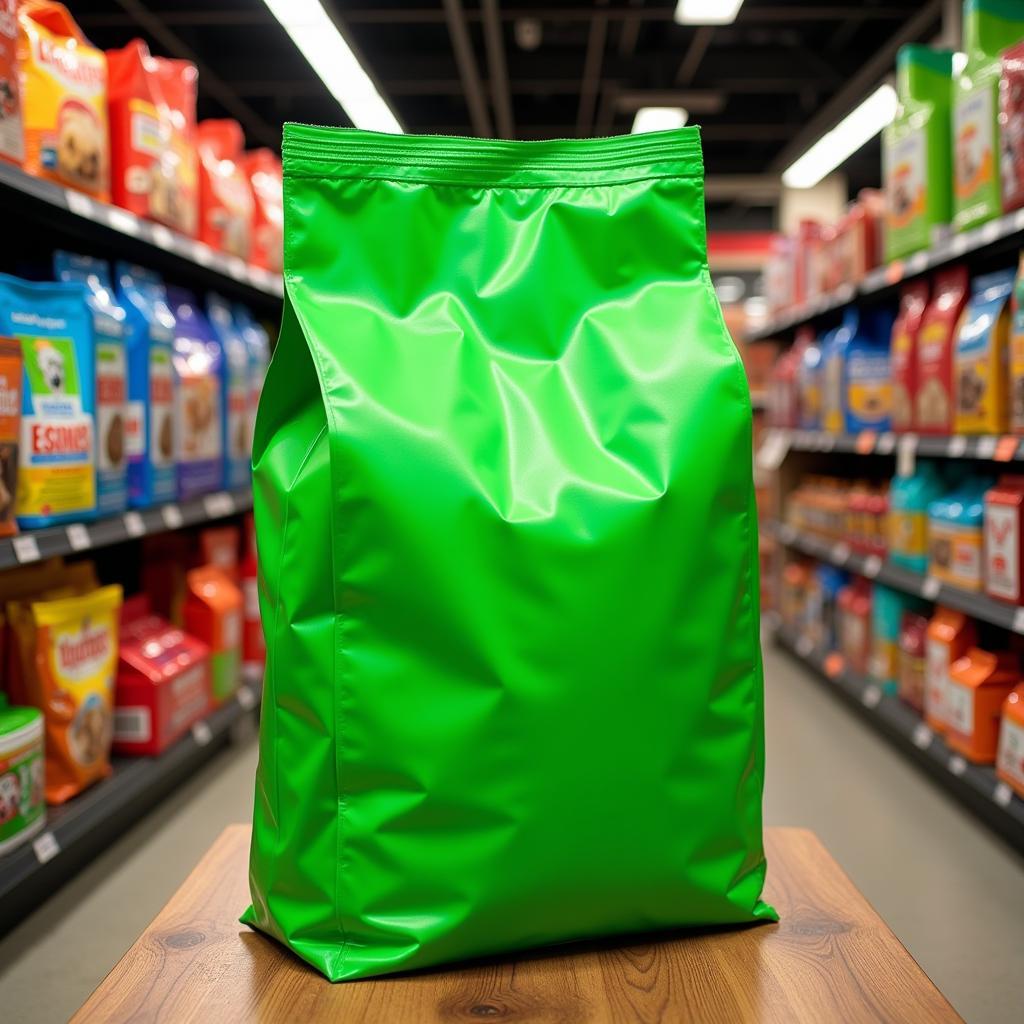 Green bag of dog food sitting on a store shelf