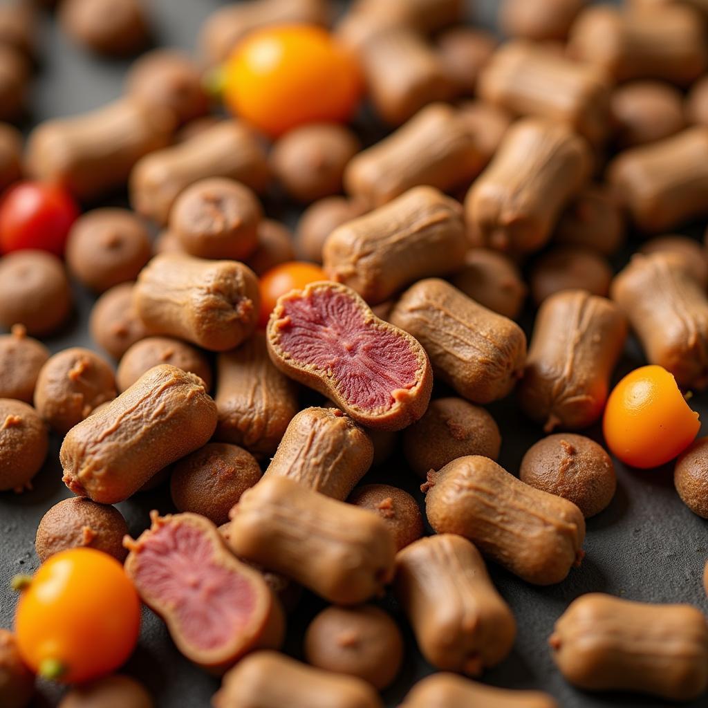 Close up of dog food ingredients showing meat and vegetables