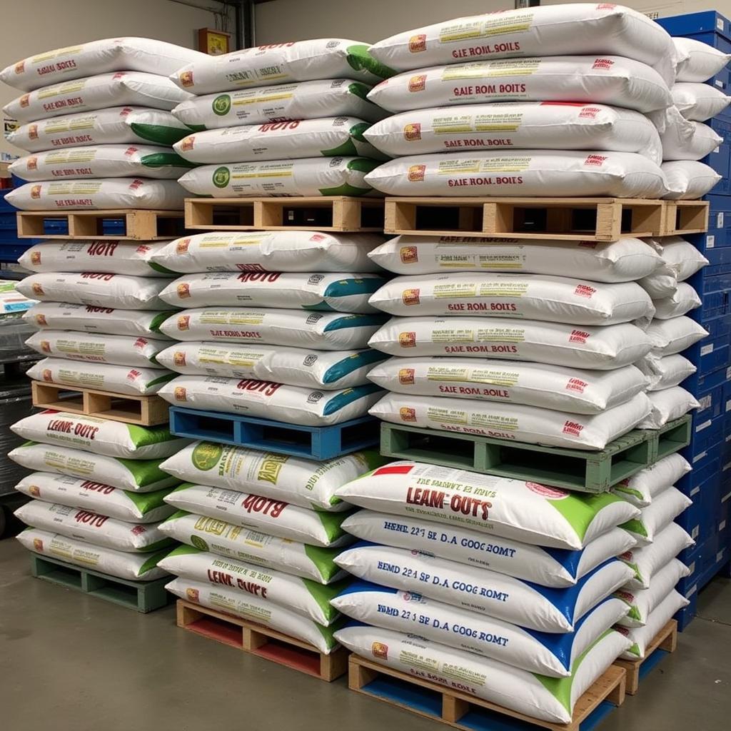 Dog food pallets stacked in a warehouse, ready for distribution