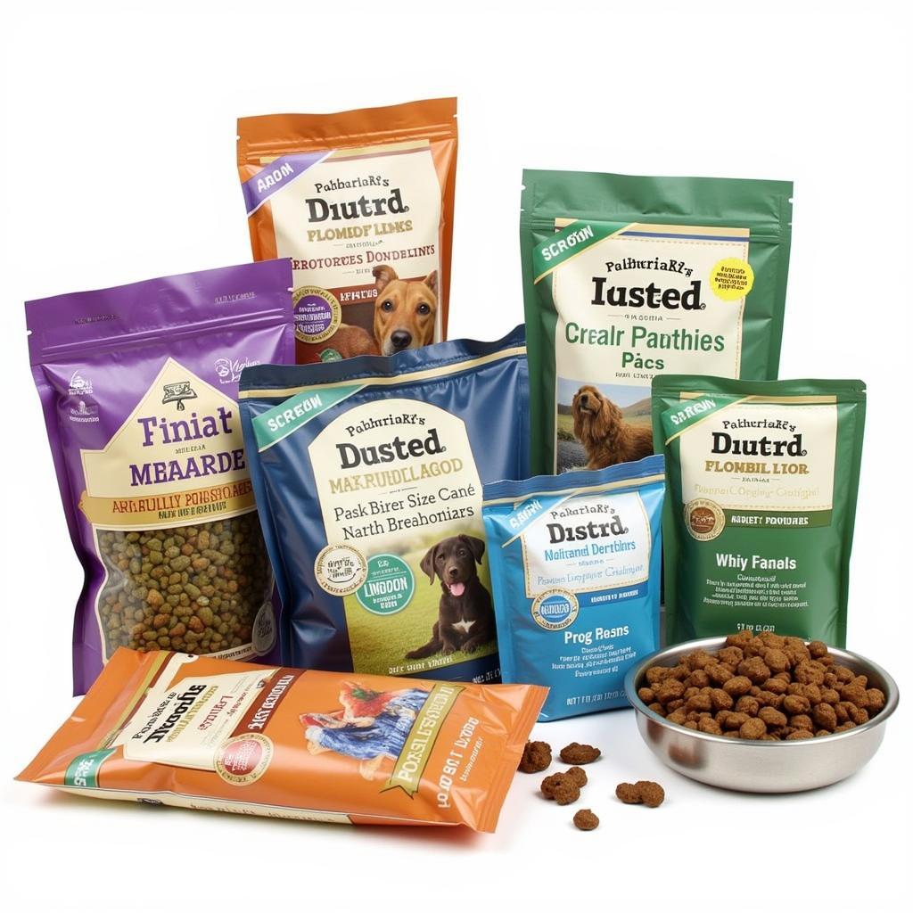 Various flavors and brands of dog food in pouches