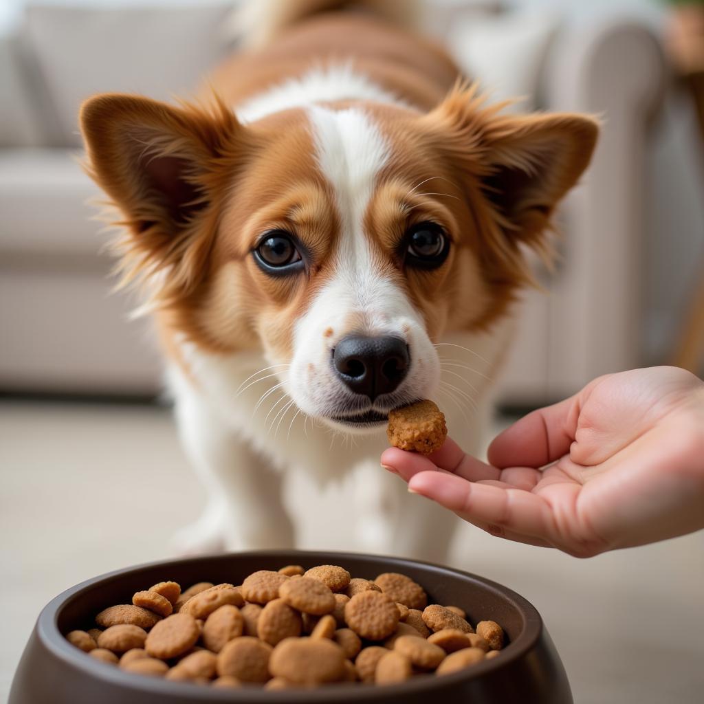 Dog turning away from kibble towards treats