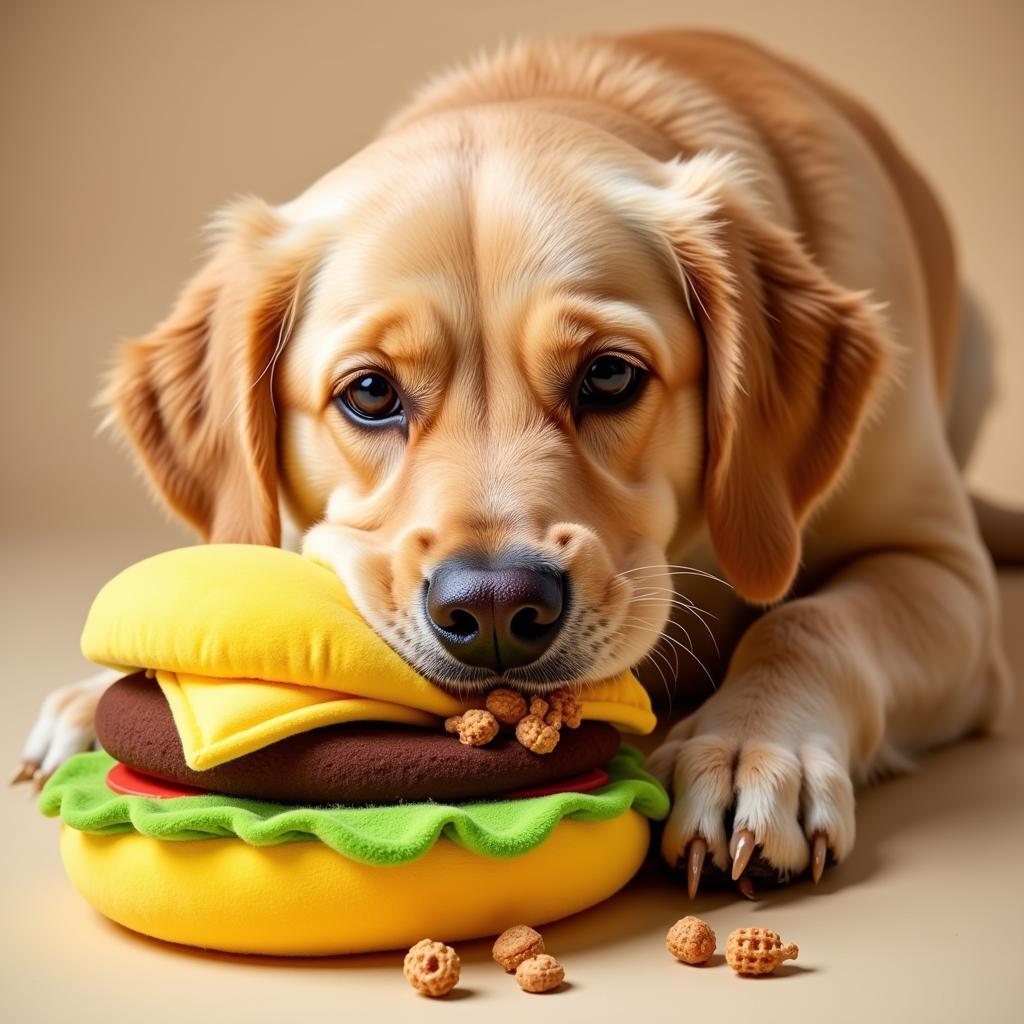 A happy dog playing with a food stuffed toy