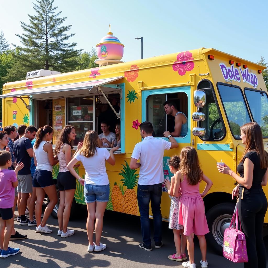 Dole whip food truck serving customers at a vibrant outdoor food festival.