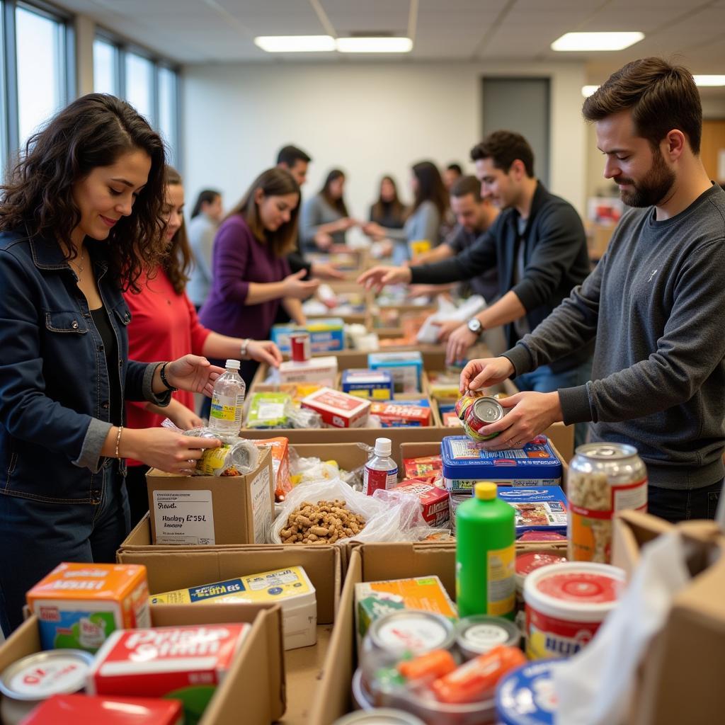 People donating food and other essential items at a Christian Union food pantry collection point.