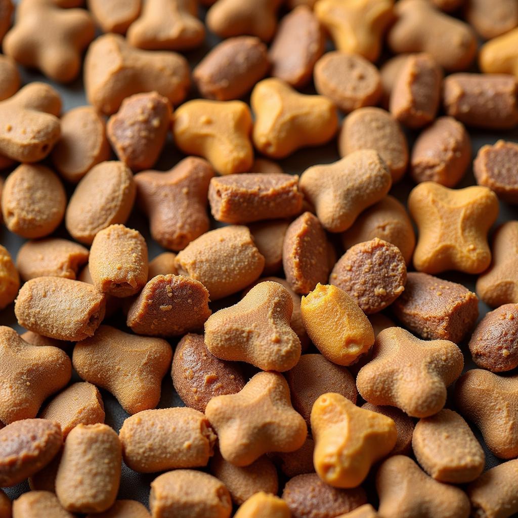 Close-up of dry dog food duck kibble