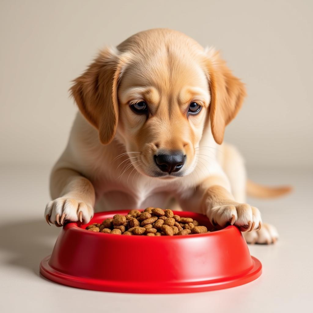 A fluffy puppy enjoying a bowl of duck puppy food