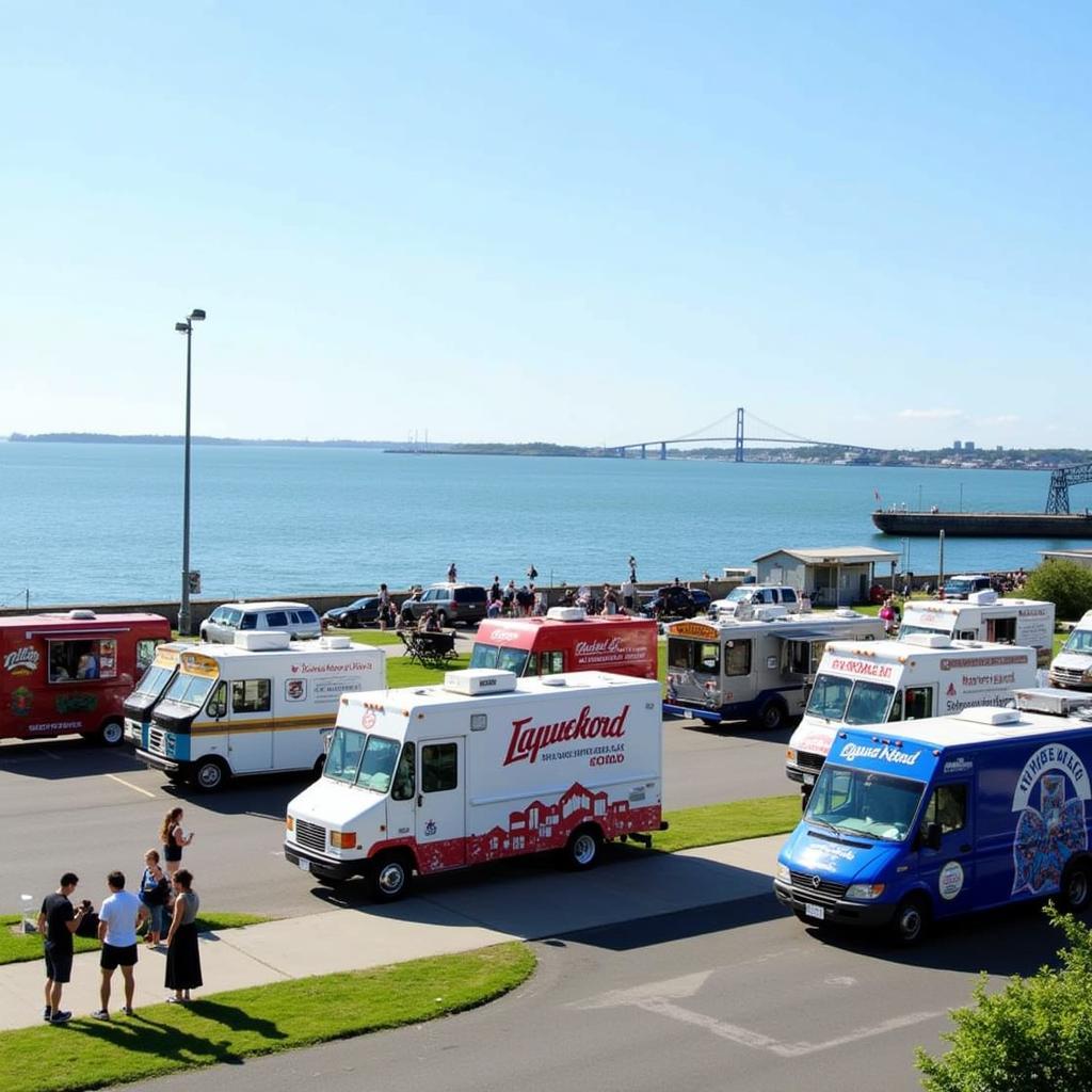 Food trucks lined up along the Eastern Promenade in Portland, Maine, offering diverse cuisines