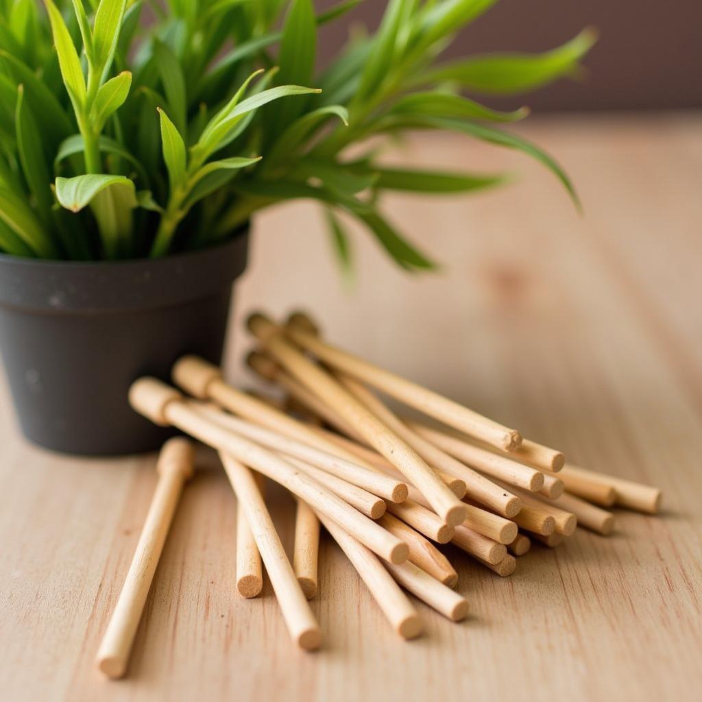 Wooden food picks arranged next to a small plant, highlighting their eco-friendly nature.