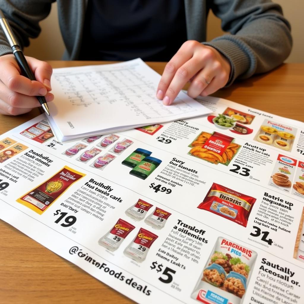 A person planning their weekly meals using the Econo Foods Houghton weekly ad, with a shopping list and highlighted deals.