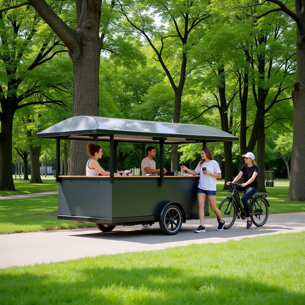 Electric assist tricycle food cart in a park