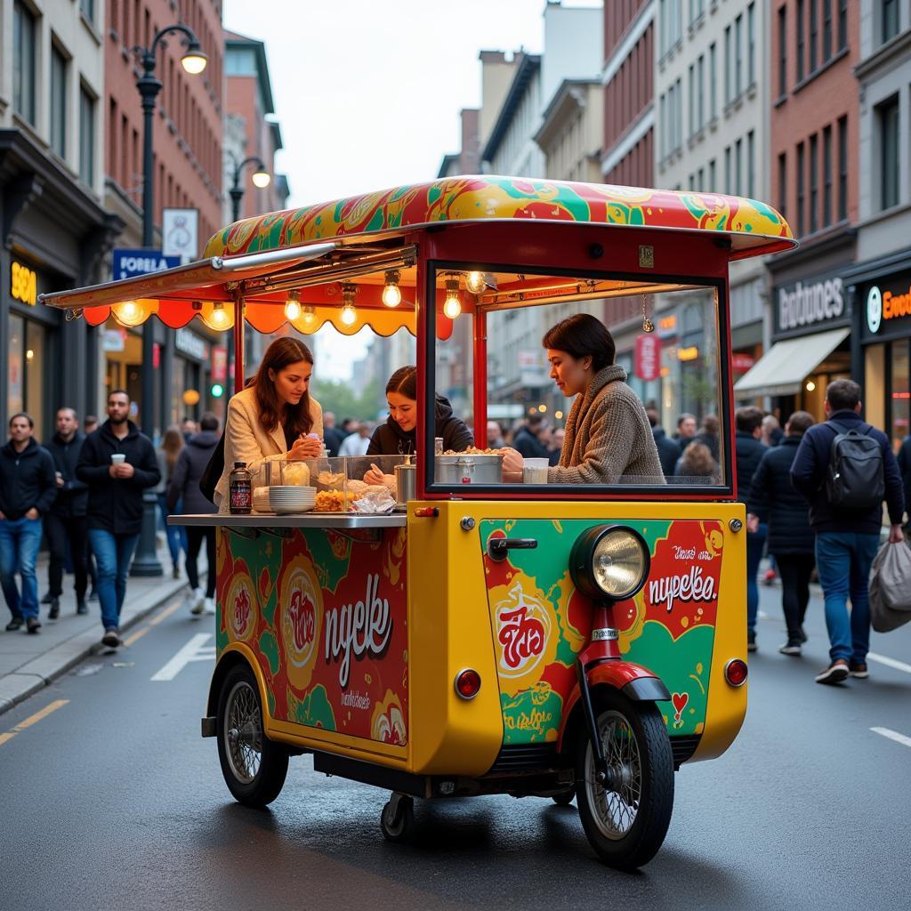 Electric Food Cart Navigating a Busy City Street