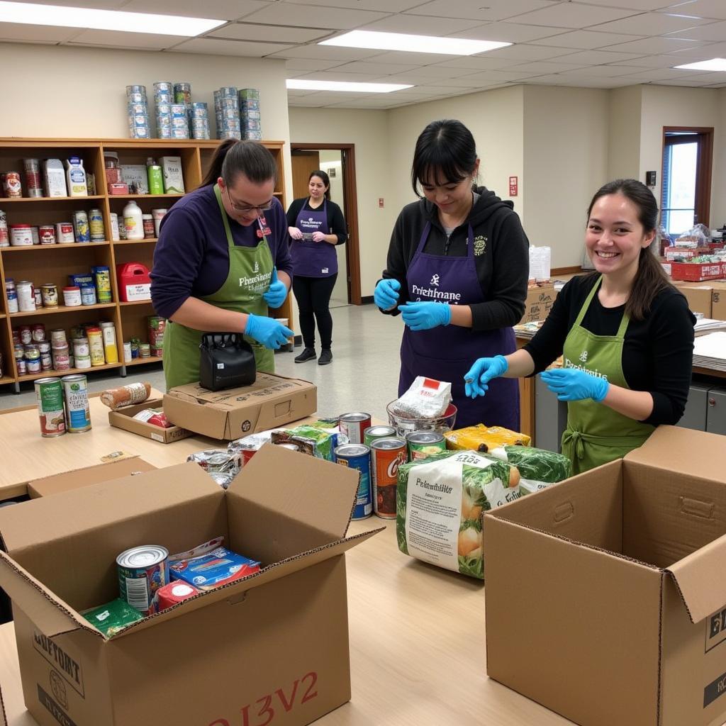 Volunteers sorting food donations at an Elyria food bank