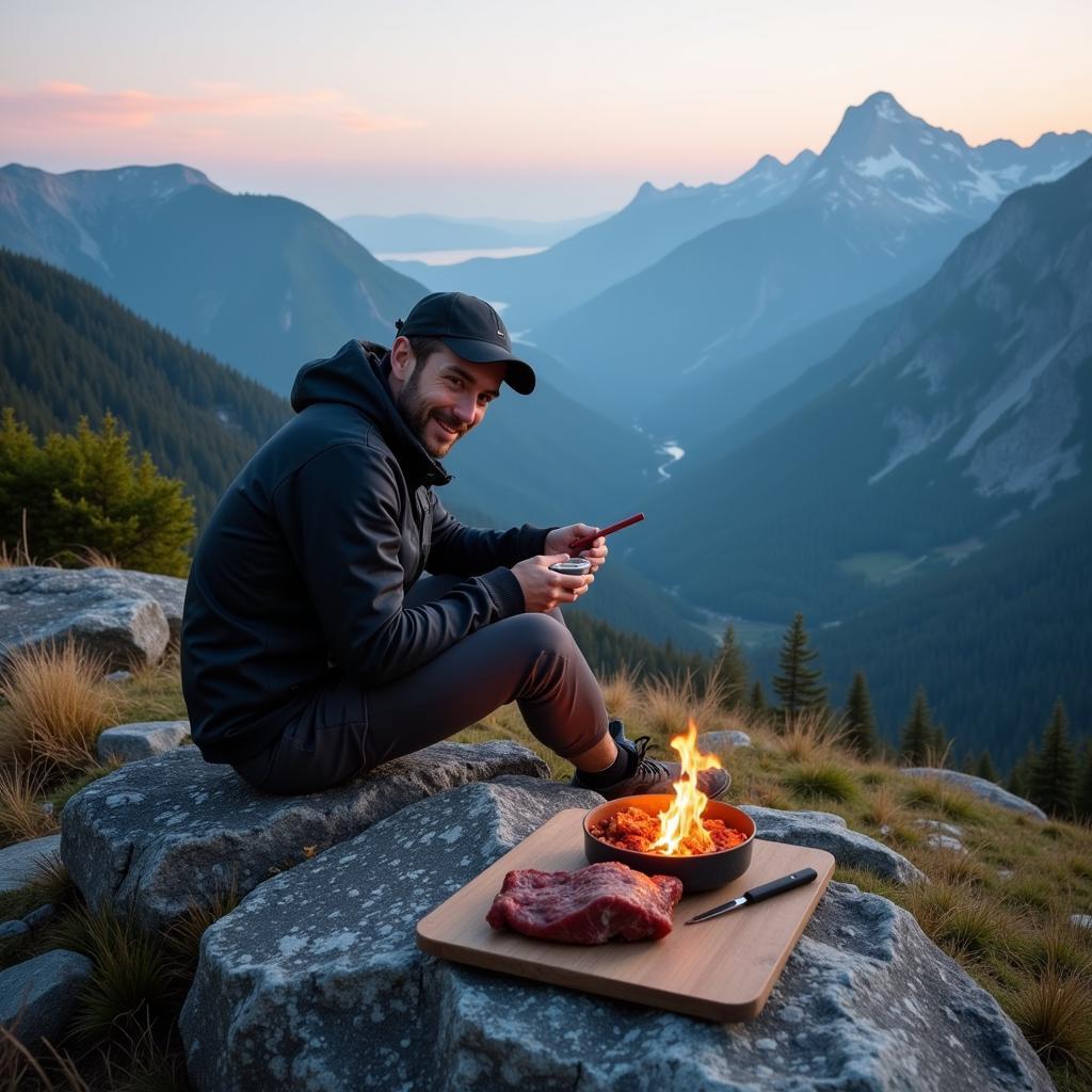 Enjoying a Carnivore Backpacking Meal: A backpacker sitting on a rock overlooking a scenic vista, enjoying a meal of rehydrated meat.