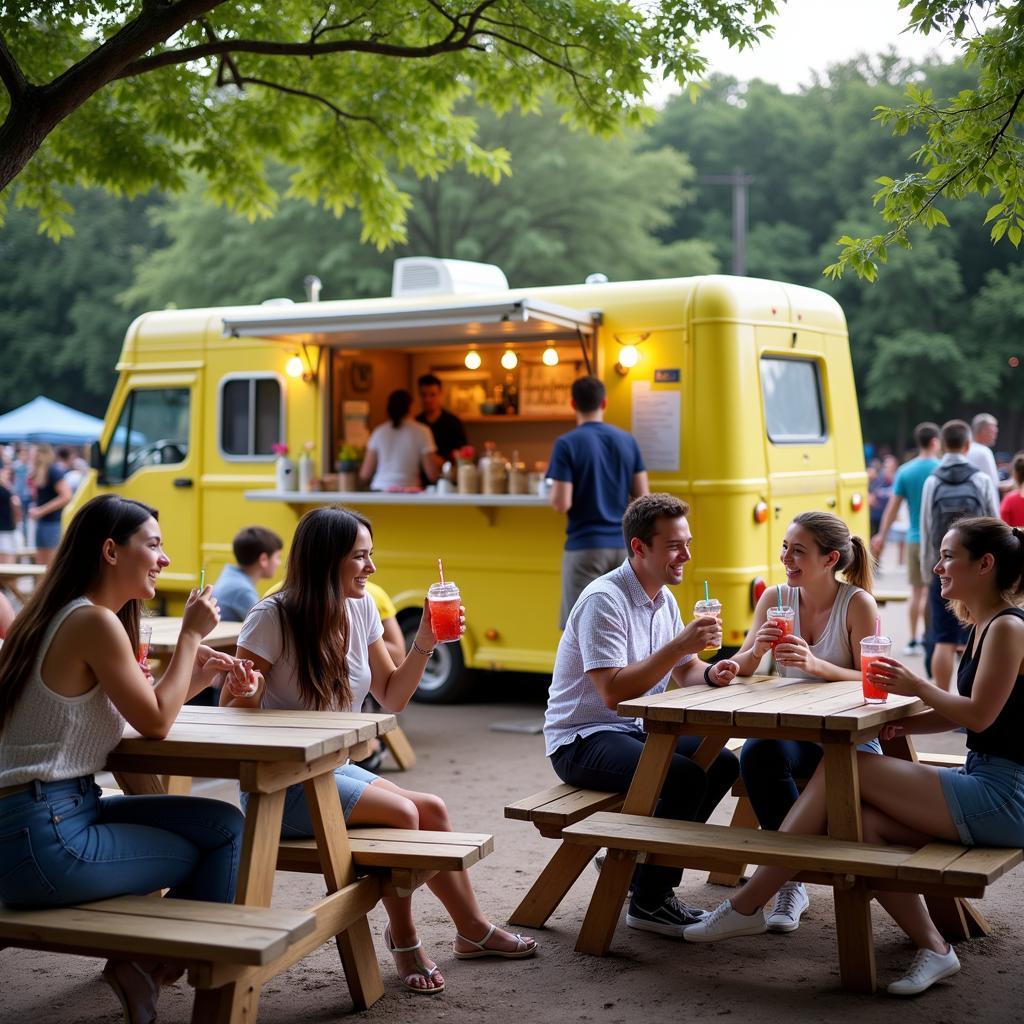 People enjoying lemonade purchased from a food truck.