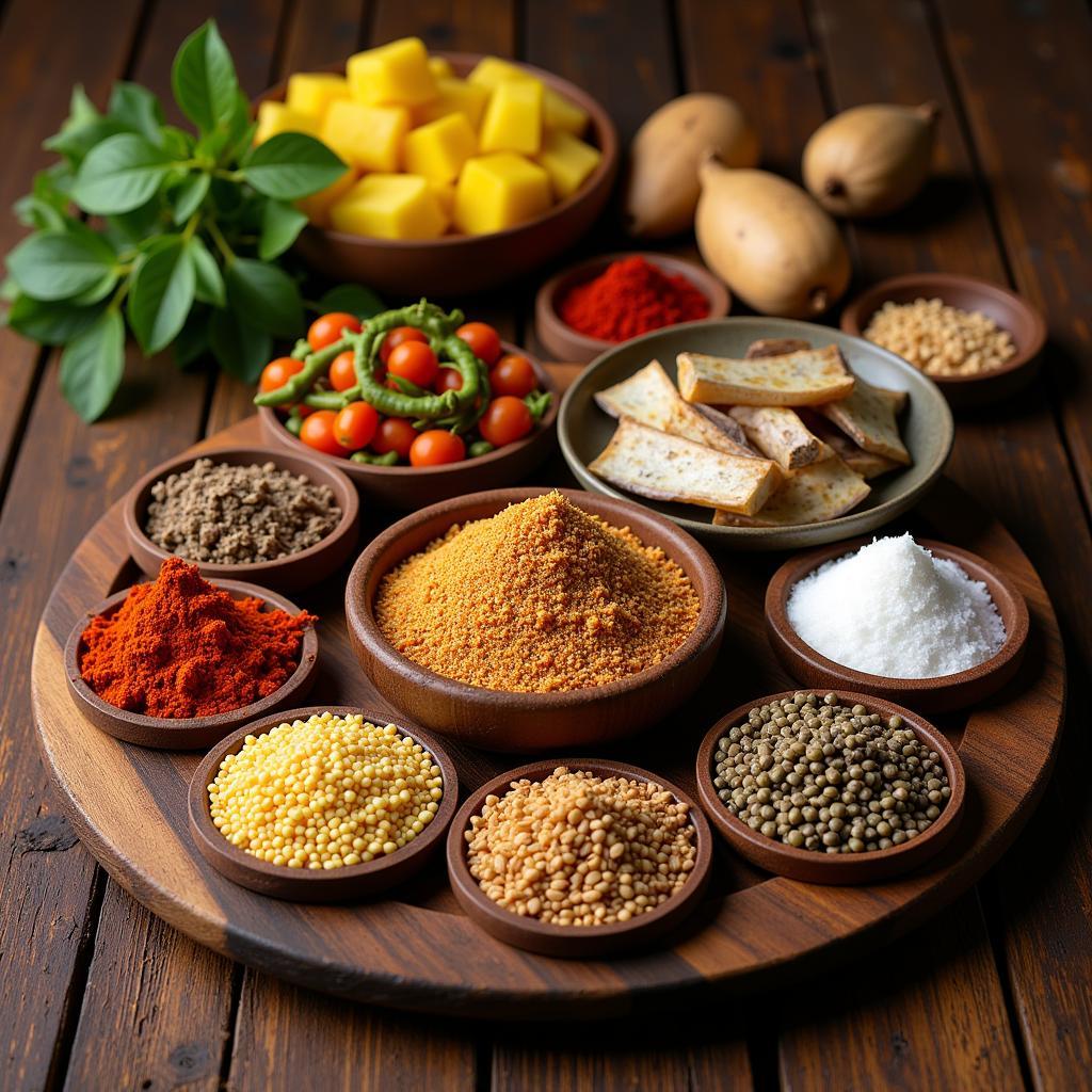 An assortment of essential West African pantry ingredients displayed on a wooden table.