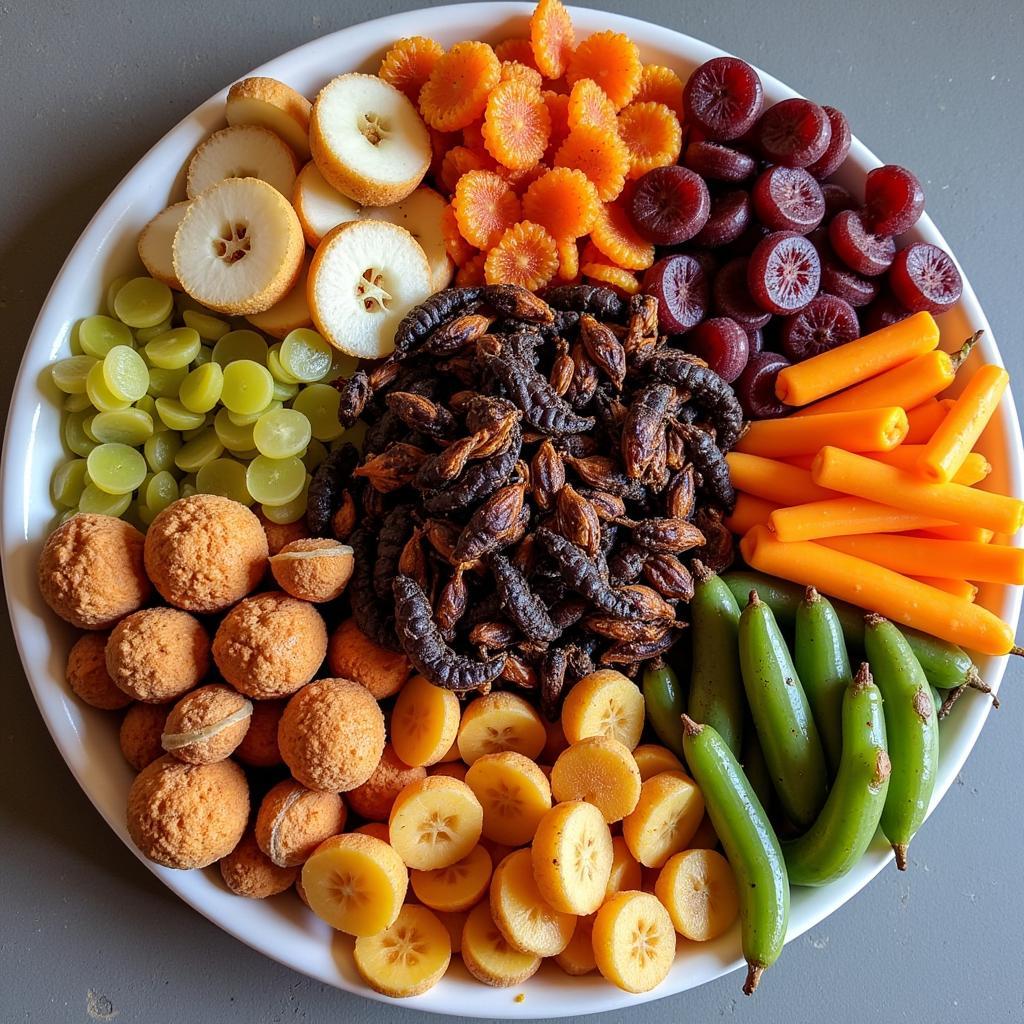 A platter of visually appealing exotic food snacks, arranged for sharing.