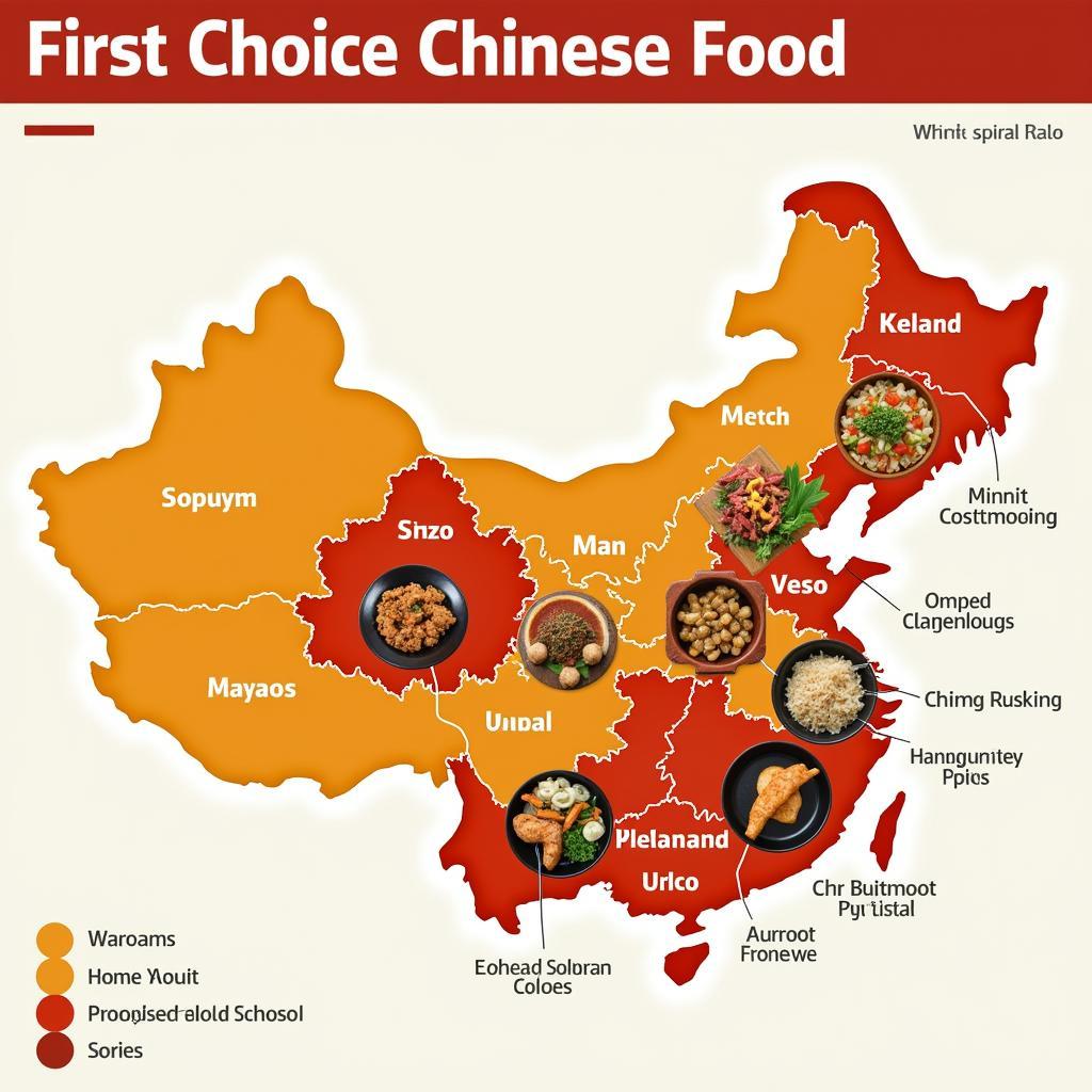 A map of China highlighting different culinary regions and their signature dishes, relevant to a first choice chinese food menu.