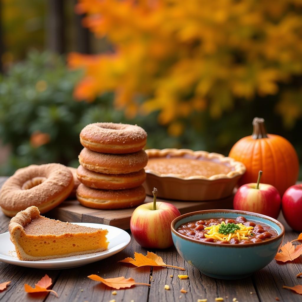 Fall Festival Food Staples: Apple Cider Donuts, Pumpkin Pie, Caramel Apples, and Chili