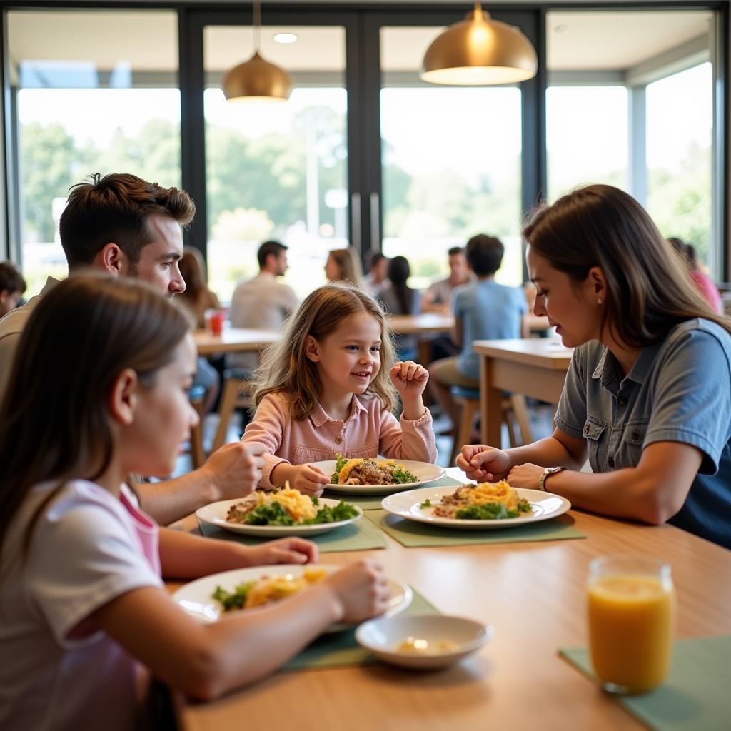 Families enjoying a meal together in the dining area of a Ronald McDonald House