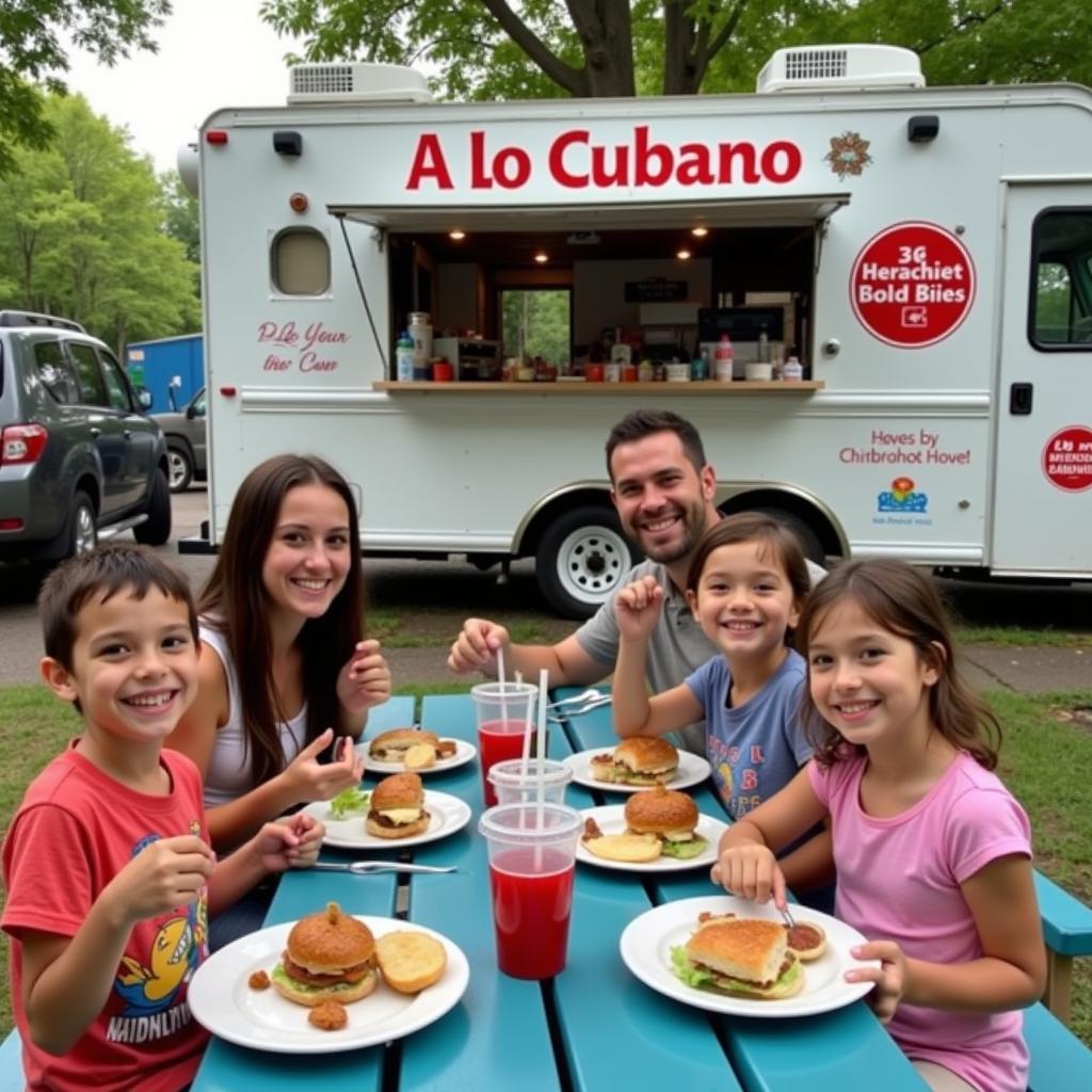 A family enjoying a meal from an A Lo Cubano food truck