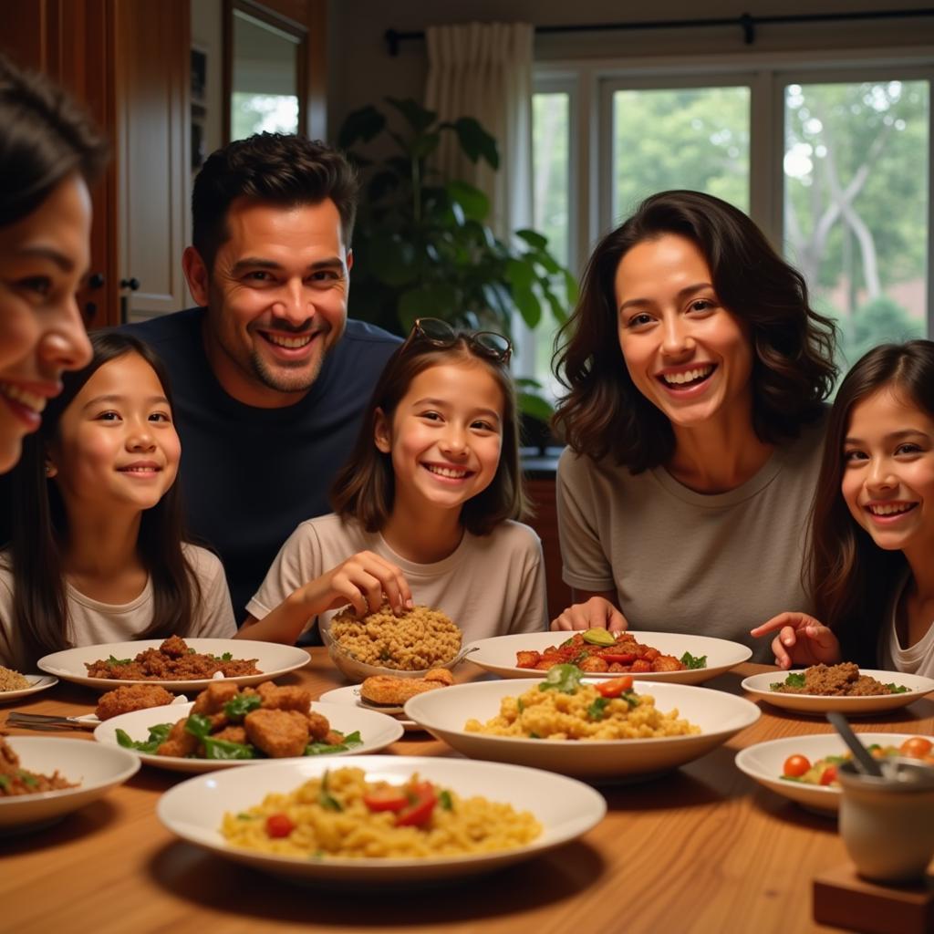 A happy family enjoying a meal of Venezuelan Chinese food together, highlighting the communal aspect of the dining experience.