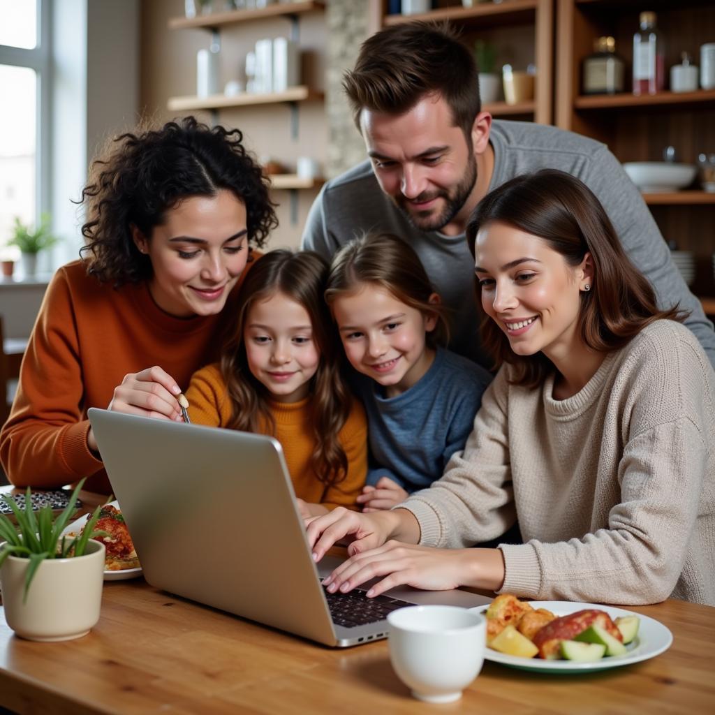 Family using a laptop to find restaurants