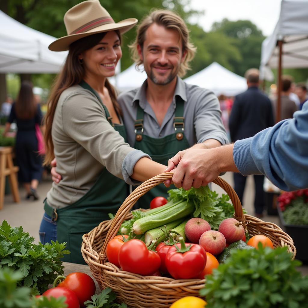 Farmer handing fresh produce to a customer at a local farmers market