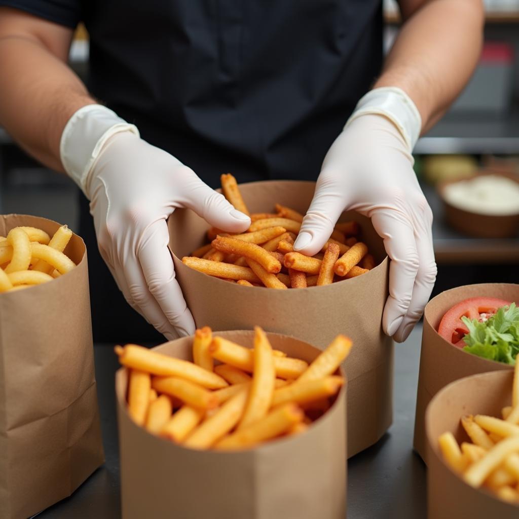 Fast food employee packing a bag