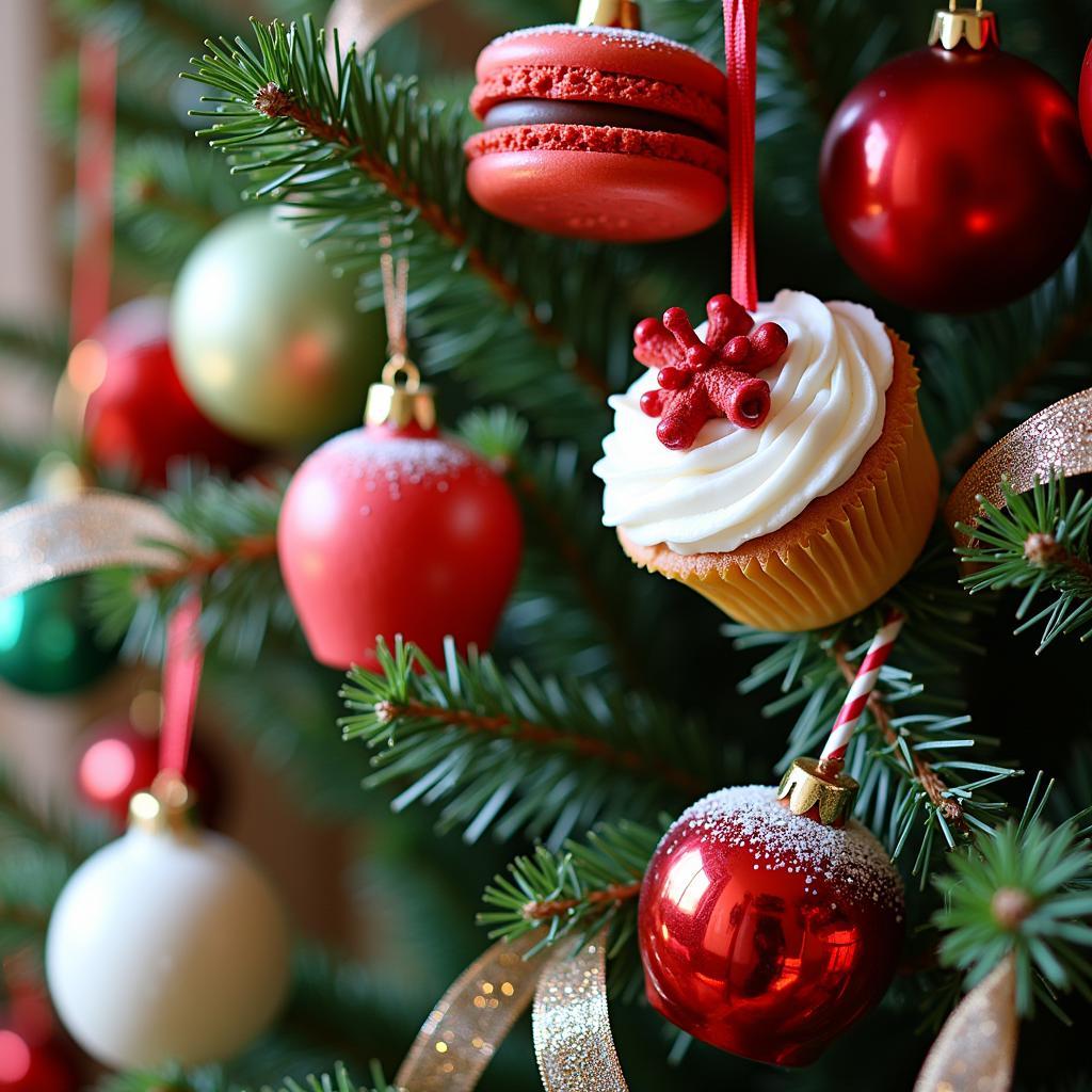 Close-up of a Christmas tree decorated with brightly colored food-themed ornaments, showcasing a mix of textures and materials.