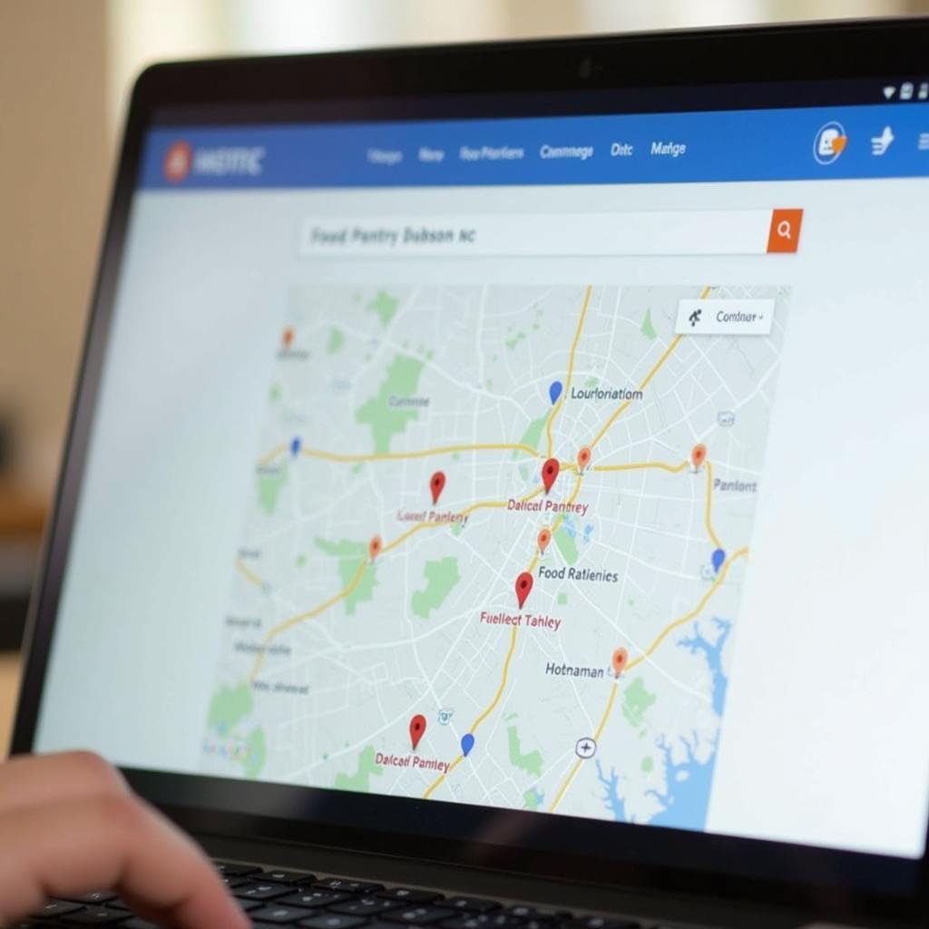 A person using a laptop to search for food pantries in Dobson, NC