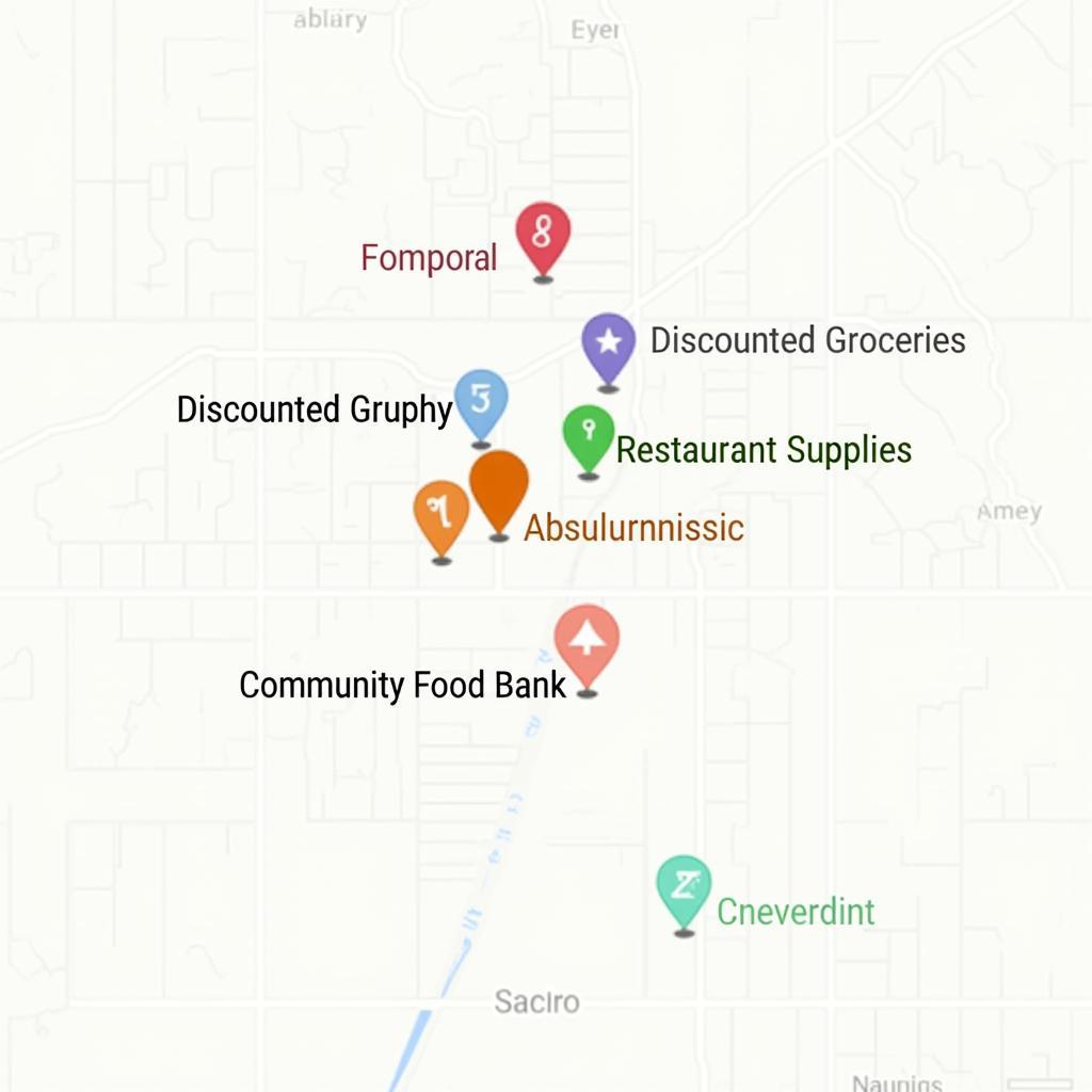 A map showing locations of food liquidators with pins indicating different types of liquidated food.