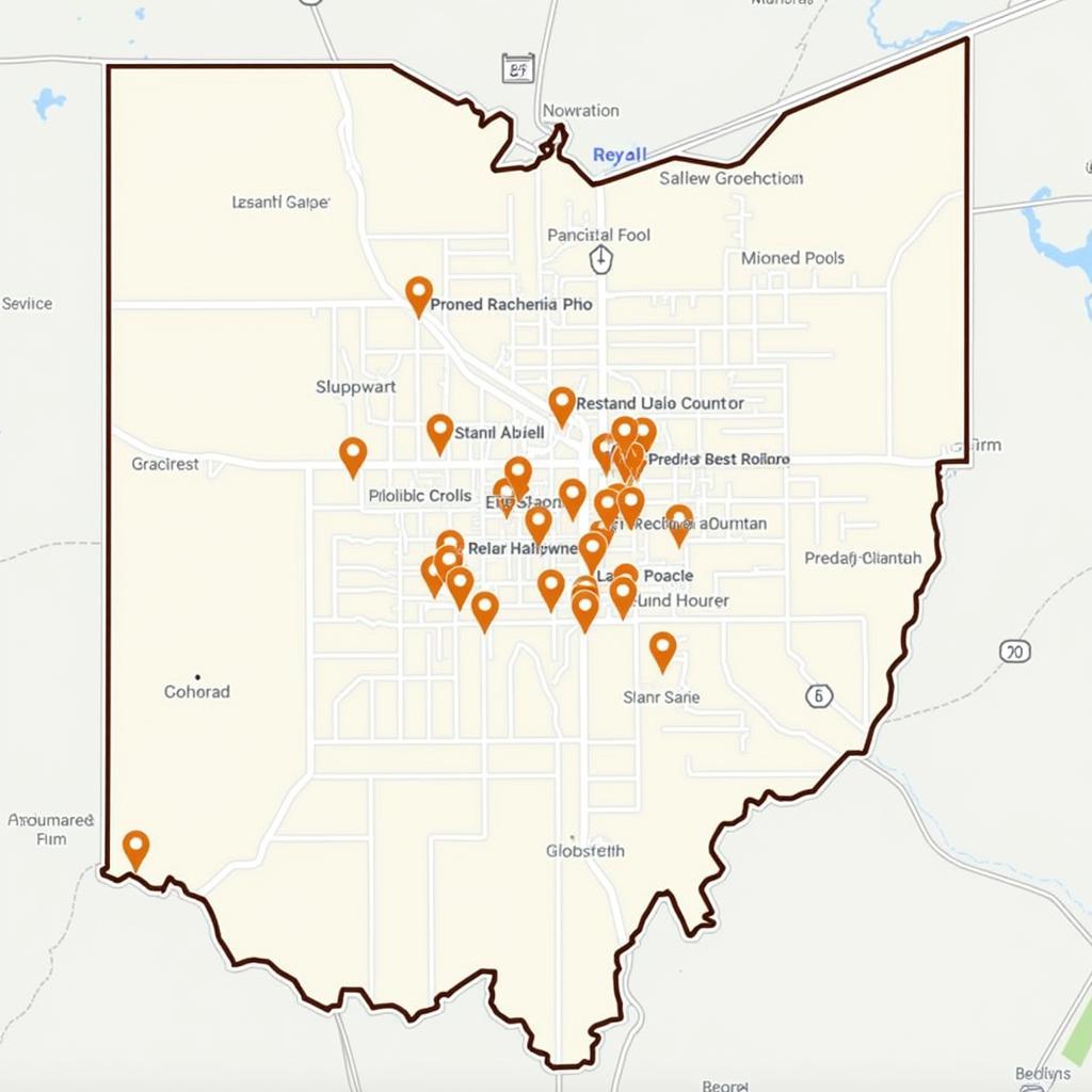 Map of Marietta Ohio with food pantry locations highlighted