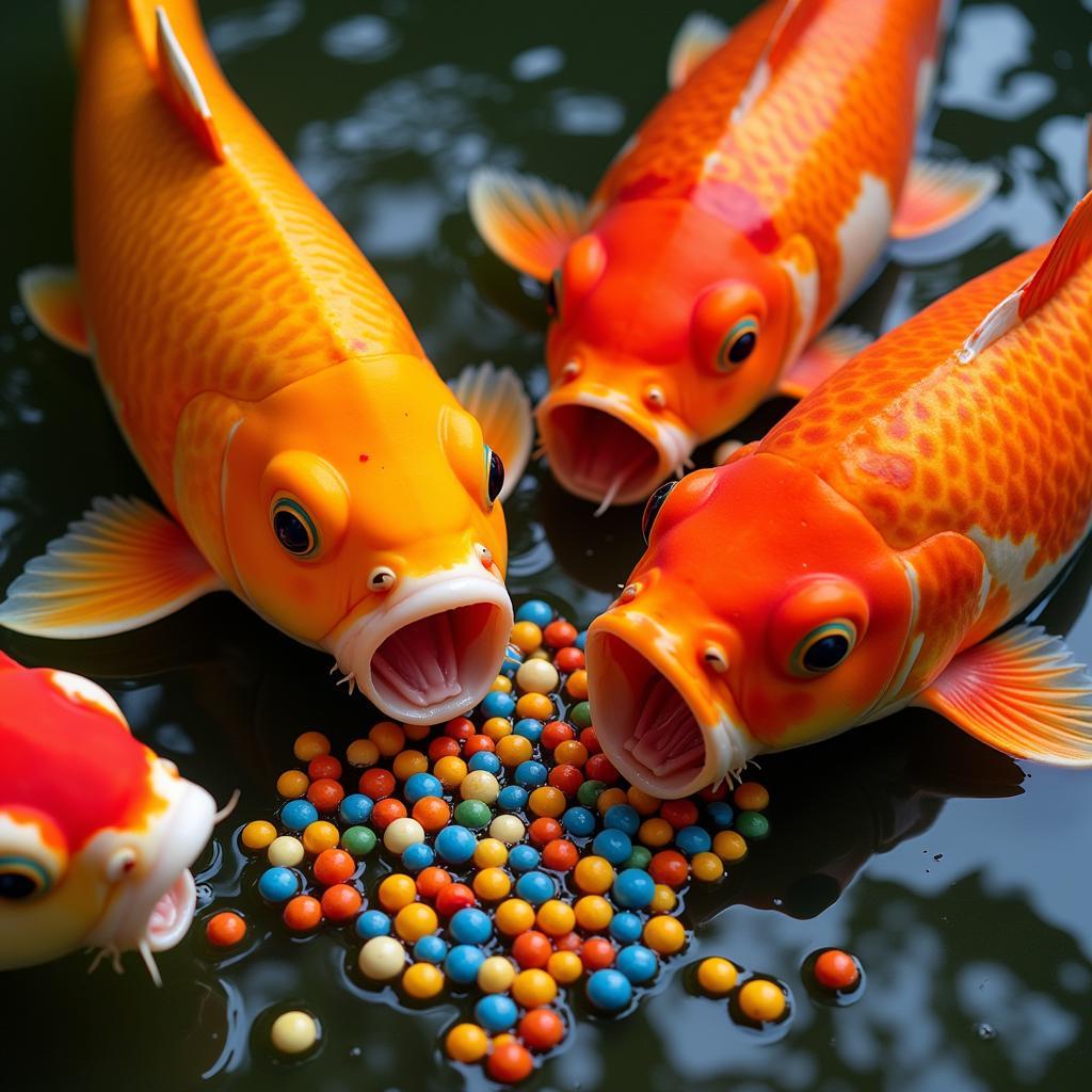 Koi eagerly consuming floating fish food pellets in a pond