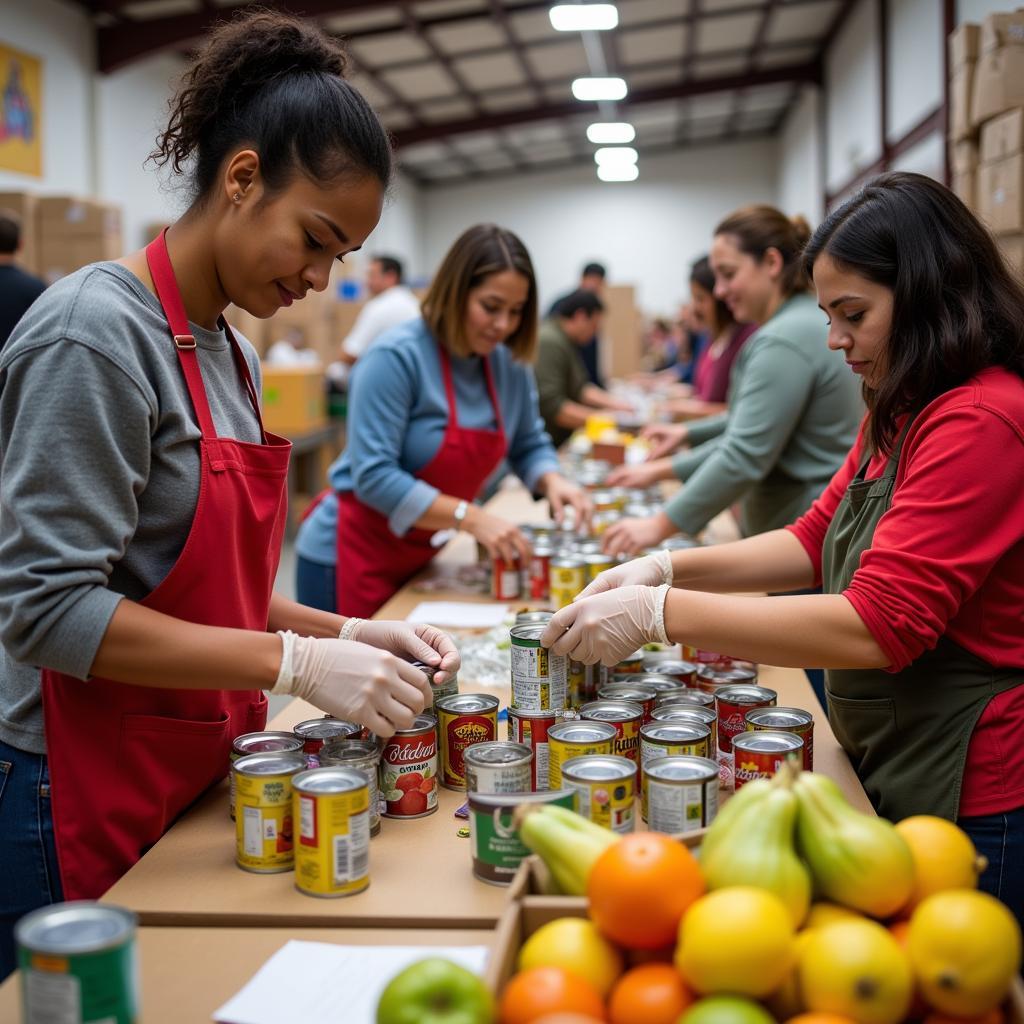 Volunteers sorting food donations at a food bank in Thomasville, GA