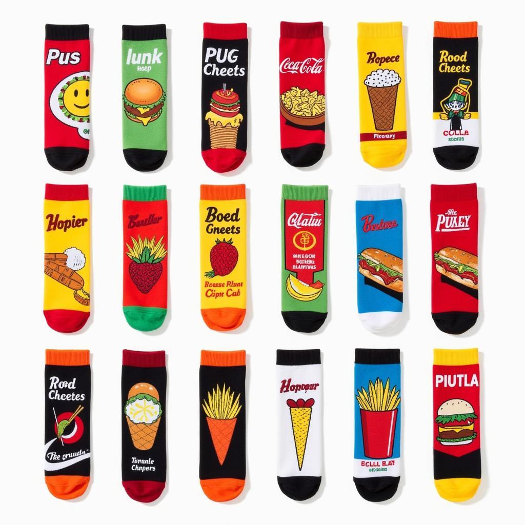 A vibrant display of various food brand socks featuring different food items like pizza, burgers, and ice cream.