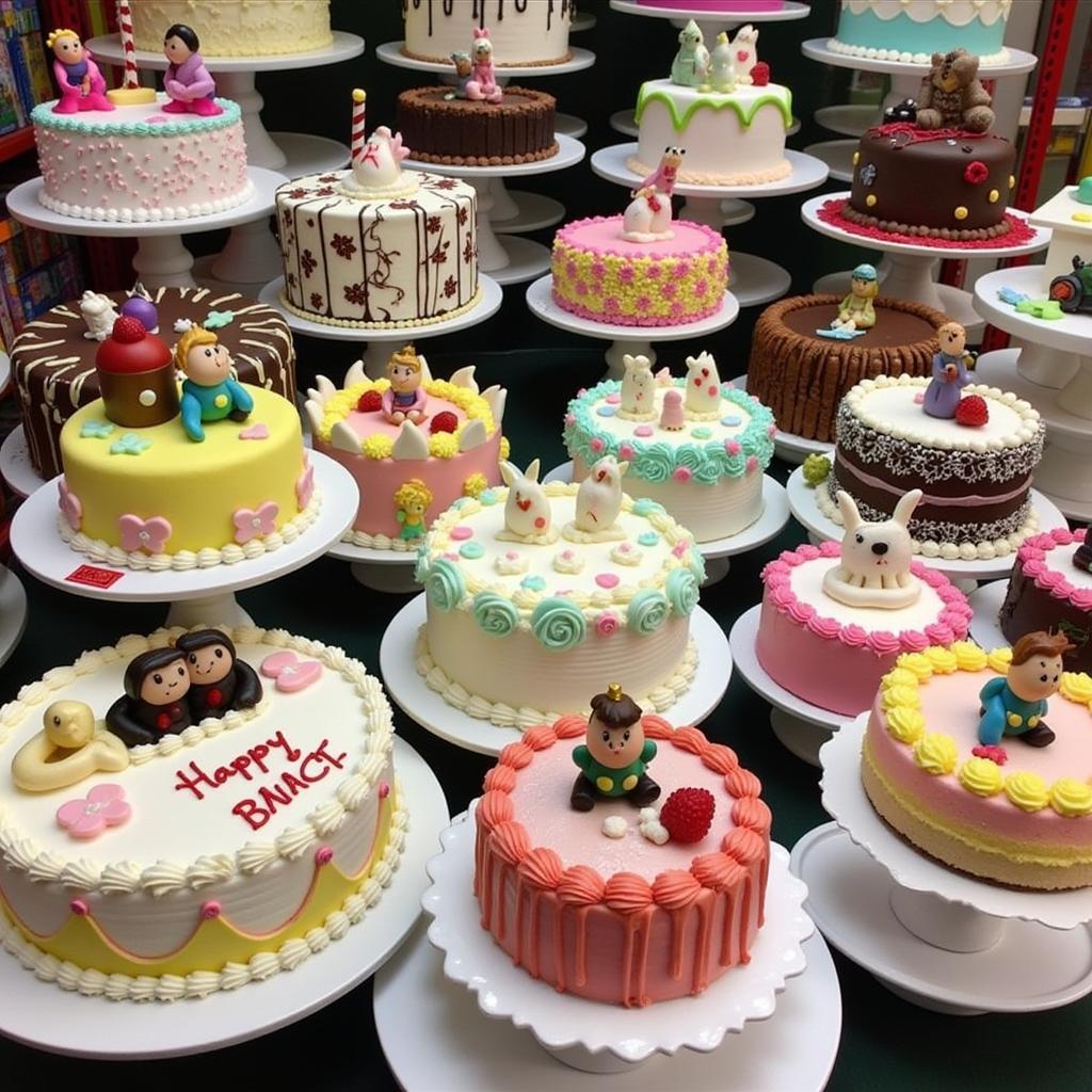 Assorted birthday cakes displayed at Food City bakery.