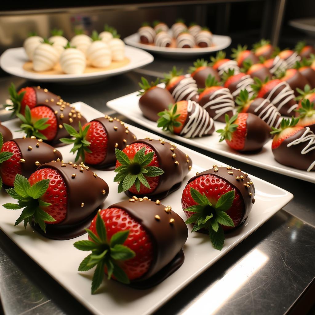 A vibrant display of chocolate-covered strawberries at Food City