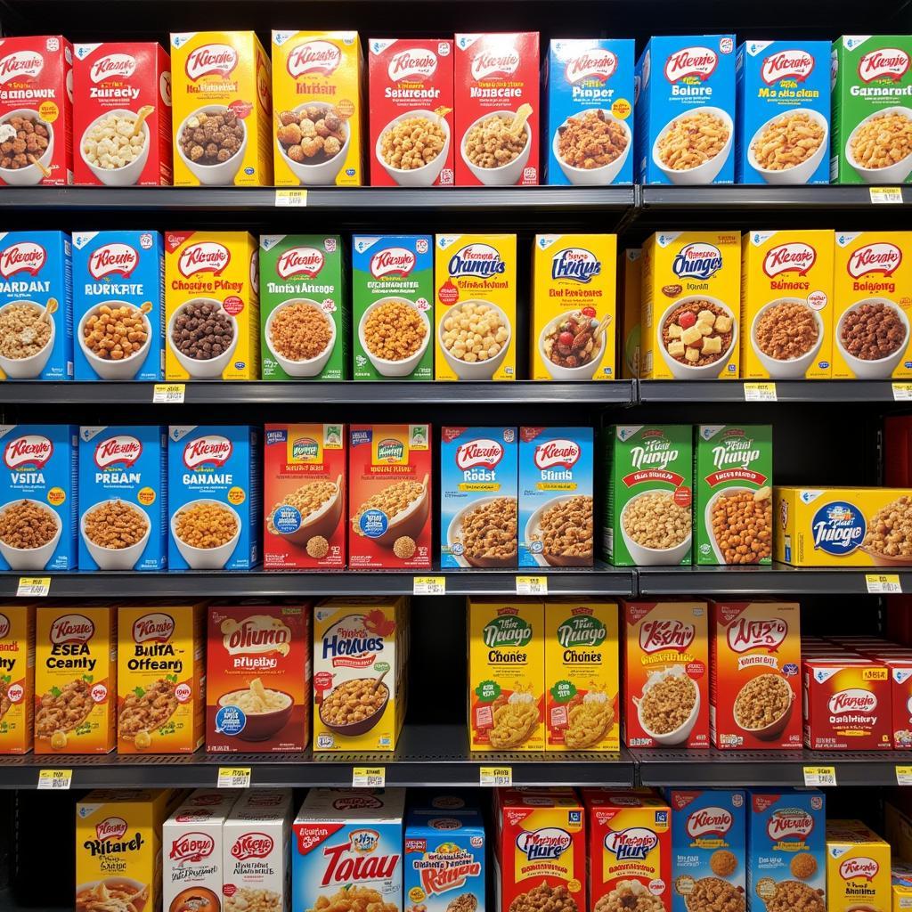 A wide variety of food club cereal boxes on a supermarket shelf.