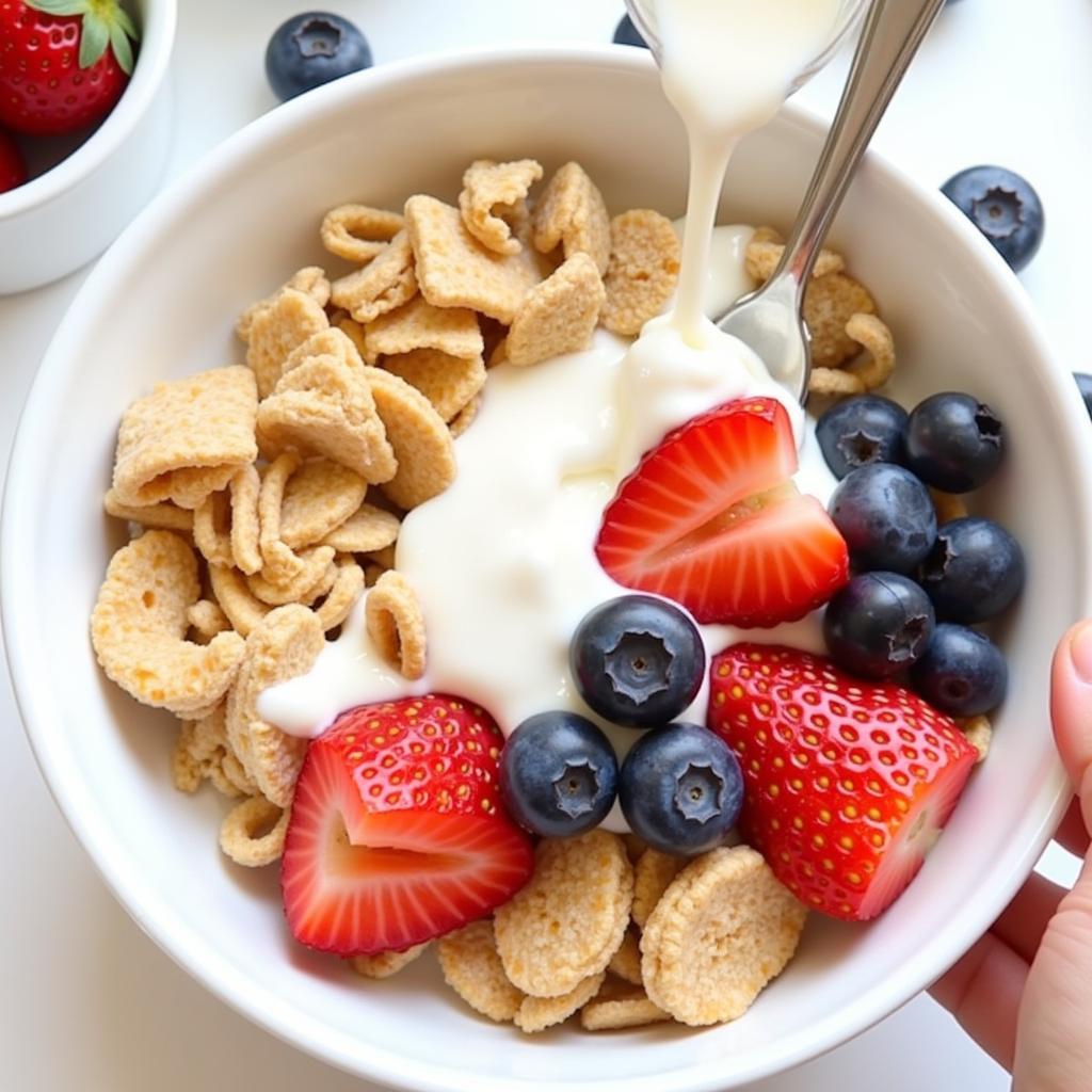 A bowl of food club cereal topped with fresh fruit and milk.