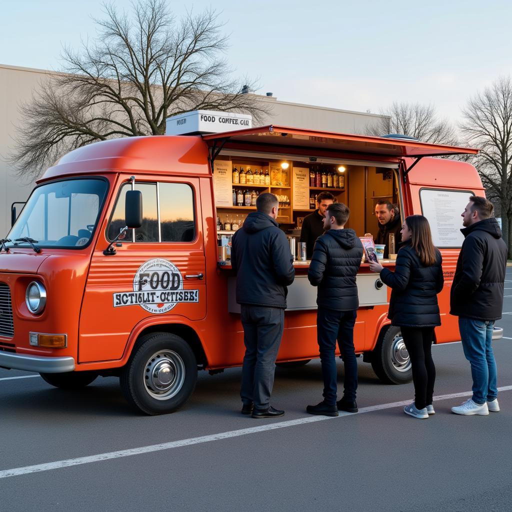 Modern food coffee van exterior with branding and menu display.