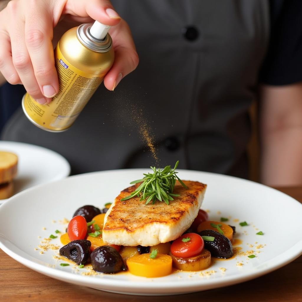 Garnishing a savory dish with food color spray