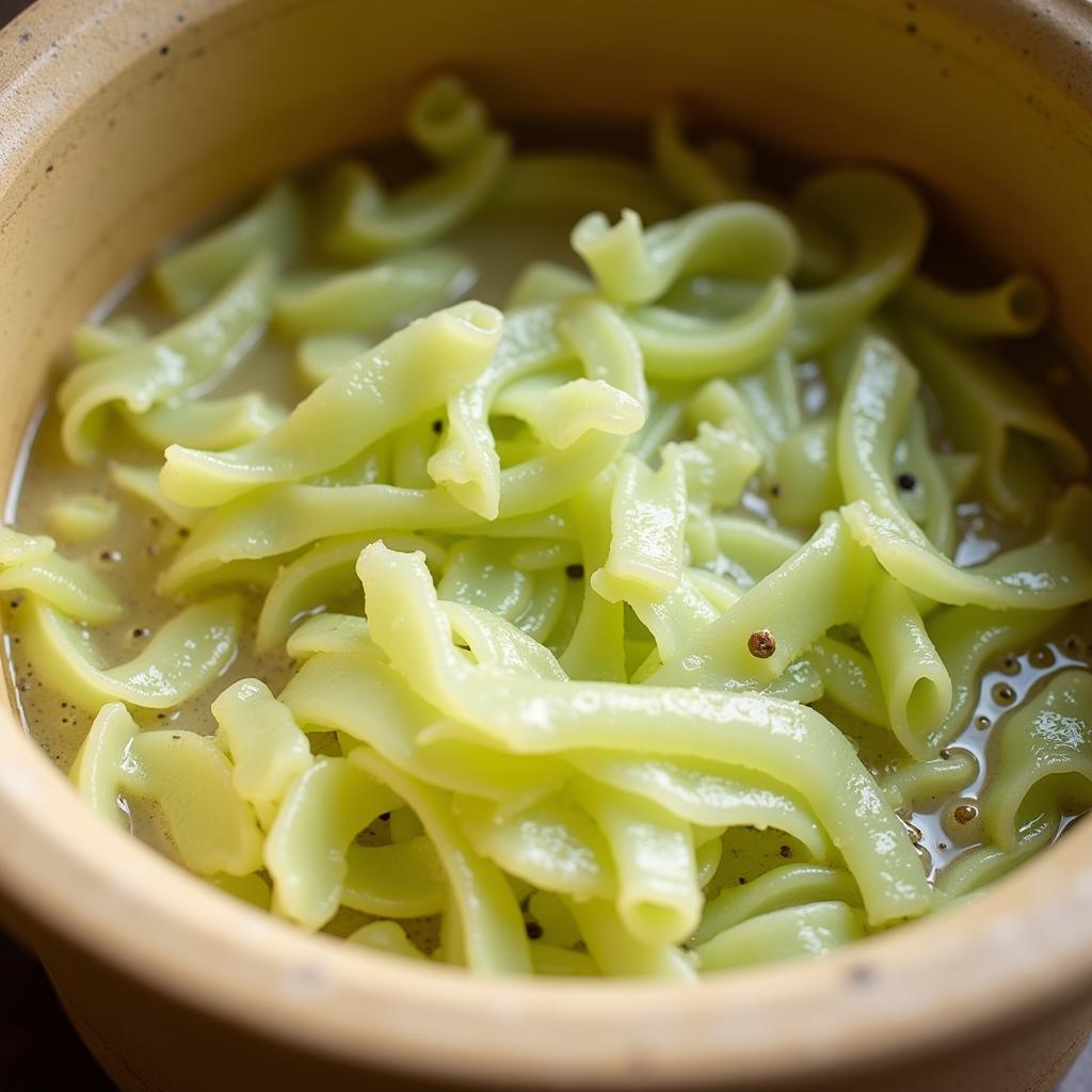 A food crock actively fermenting sauerkraut, with bubbles visible on the surface.