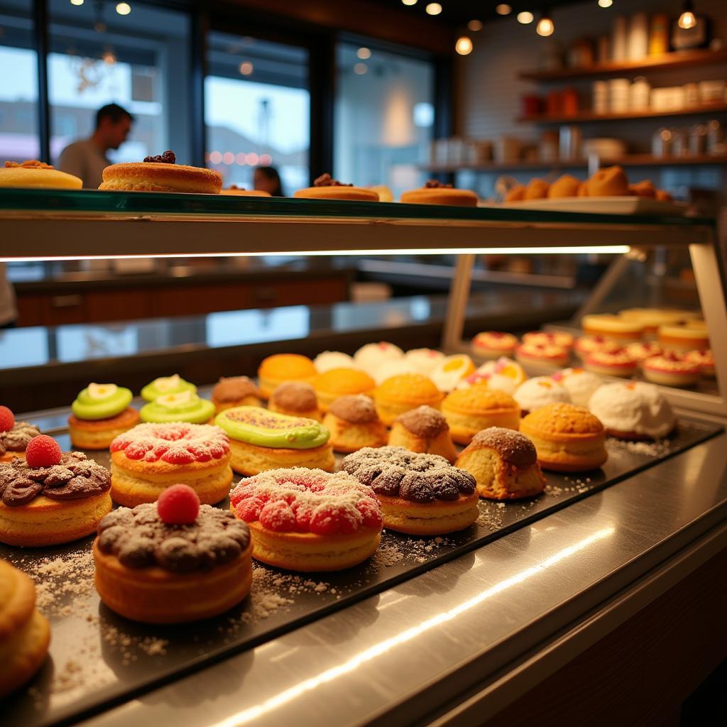 Bakery pastries displayed in a brightly lit food display showcase