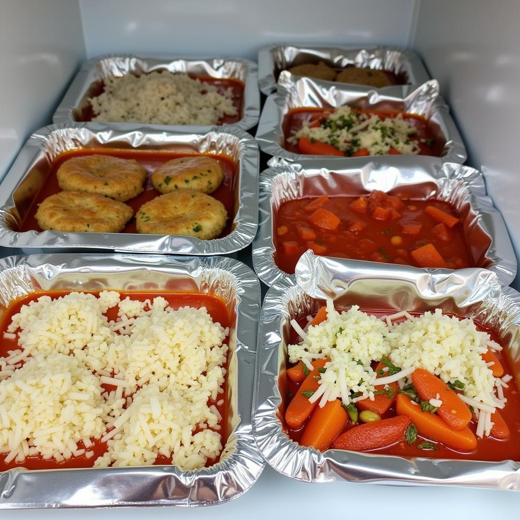 Food foil wrapped leftovers neatly organized in a fridge.