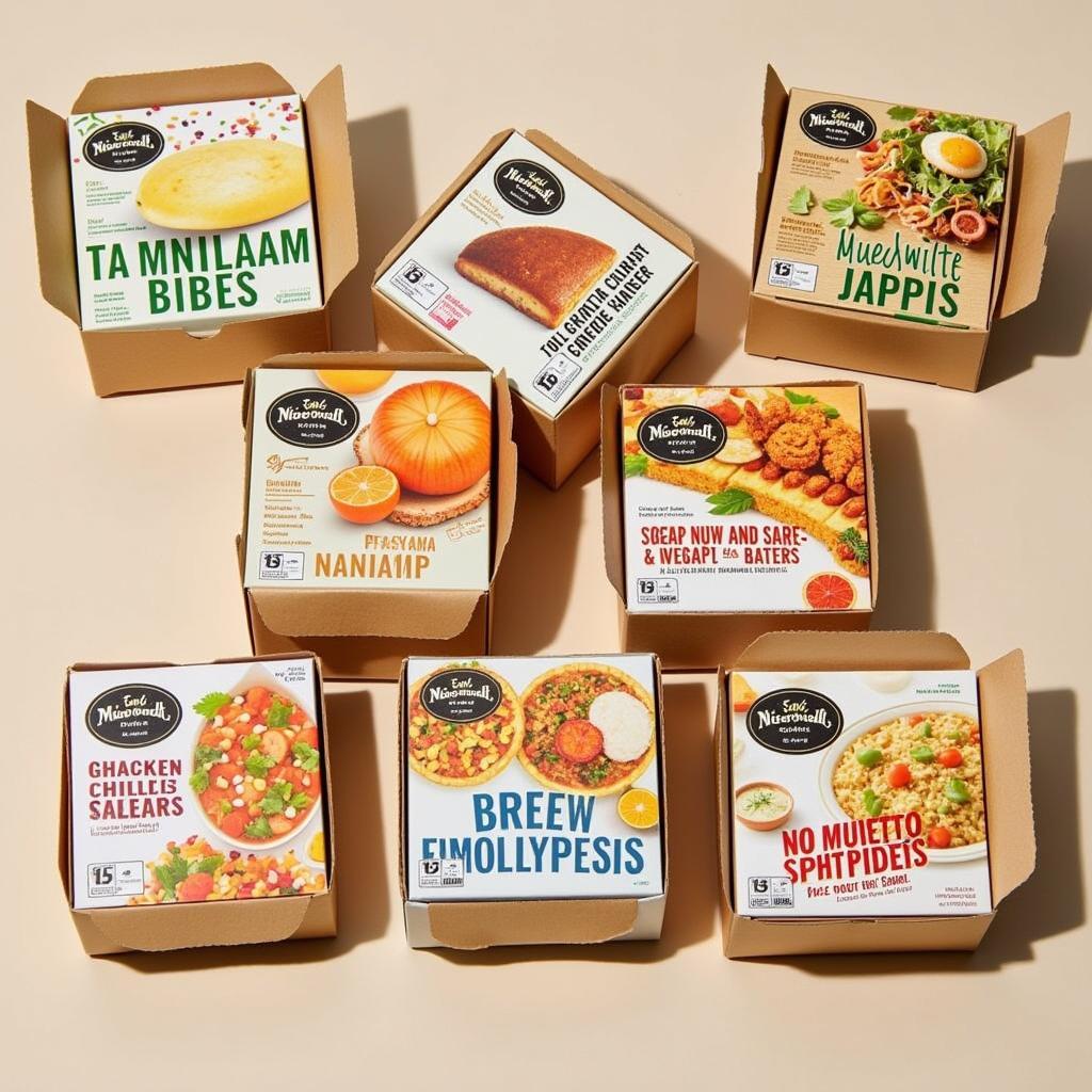 A variety of different food boxes, each representing a different country or region.