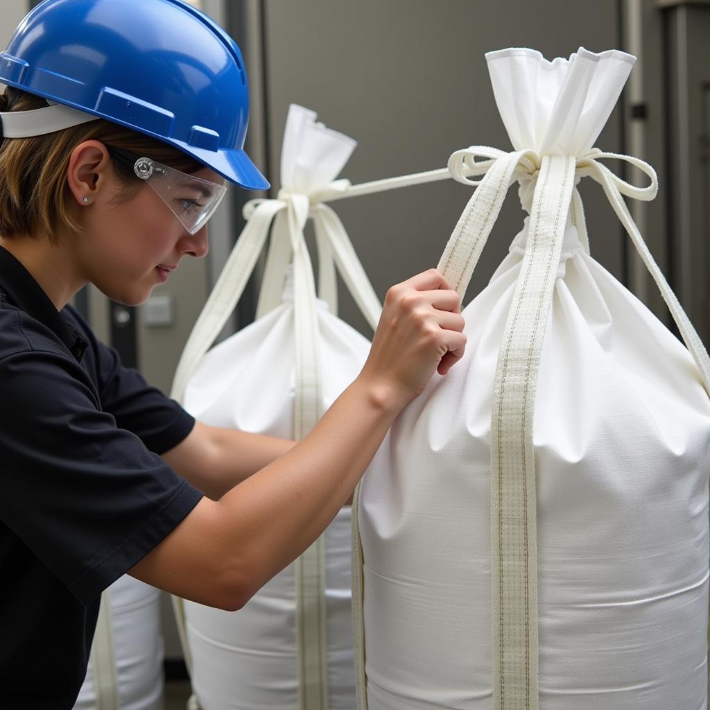 A quality control inspector examining a food grade bulk bag for defects.