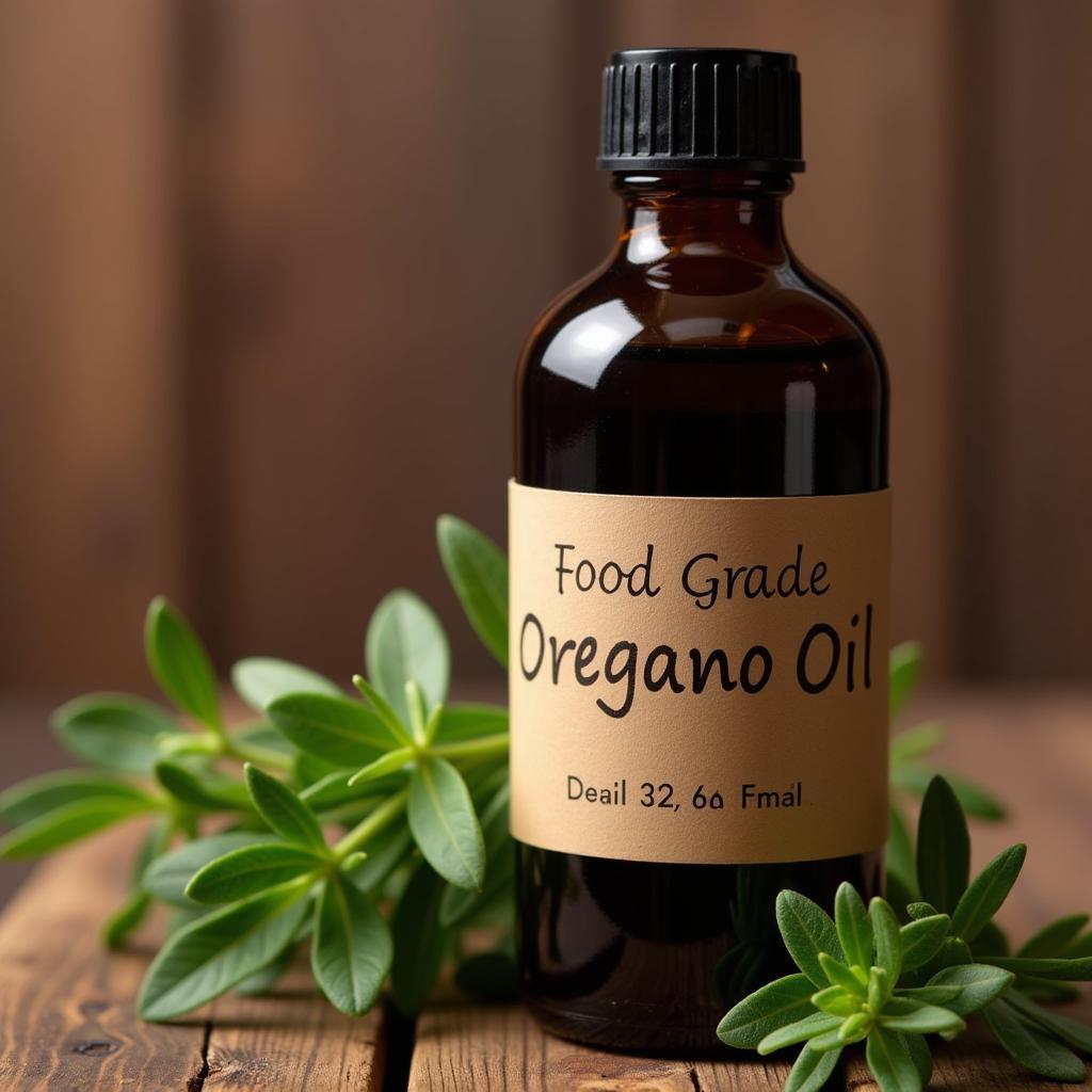 Closeup of a bottle of food grade oregano oil, showcasing its amber color and natural essence.