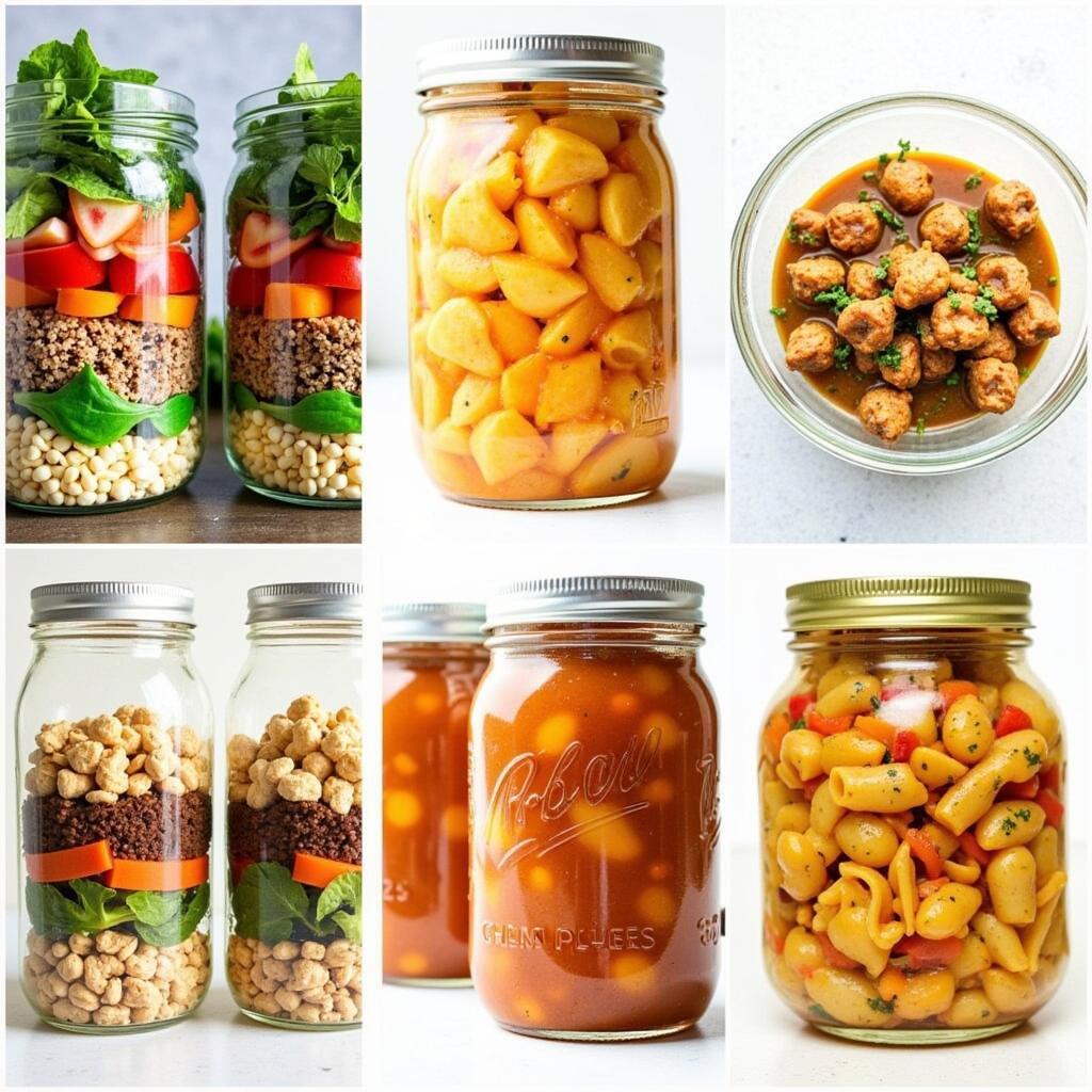 A collage showcasing various food jars filled with different meal ideas for lunch, including salads, soups, and pasta dishes.