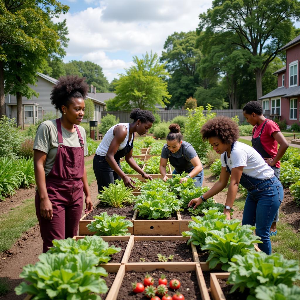 People working together in a community garden, demonstrating food justice in action.