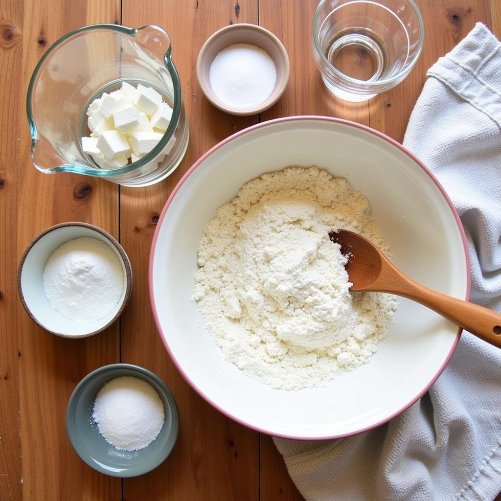 Ingredients for Food Nanny Bread arranged on a wooden table, including flour, yeast, water, salt, and a mixing bowl.